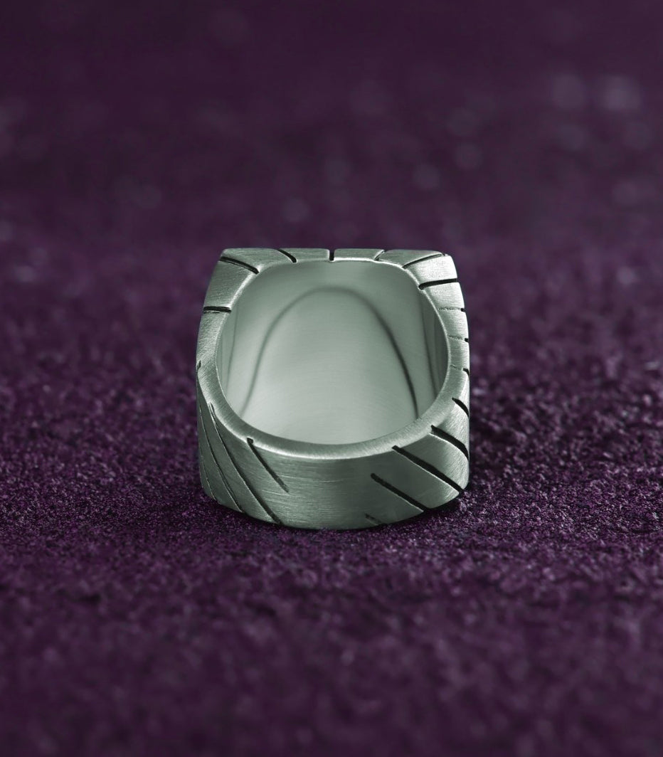 Heavy Signet Ring Engraved with Grooves Sterling Silver