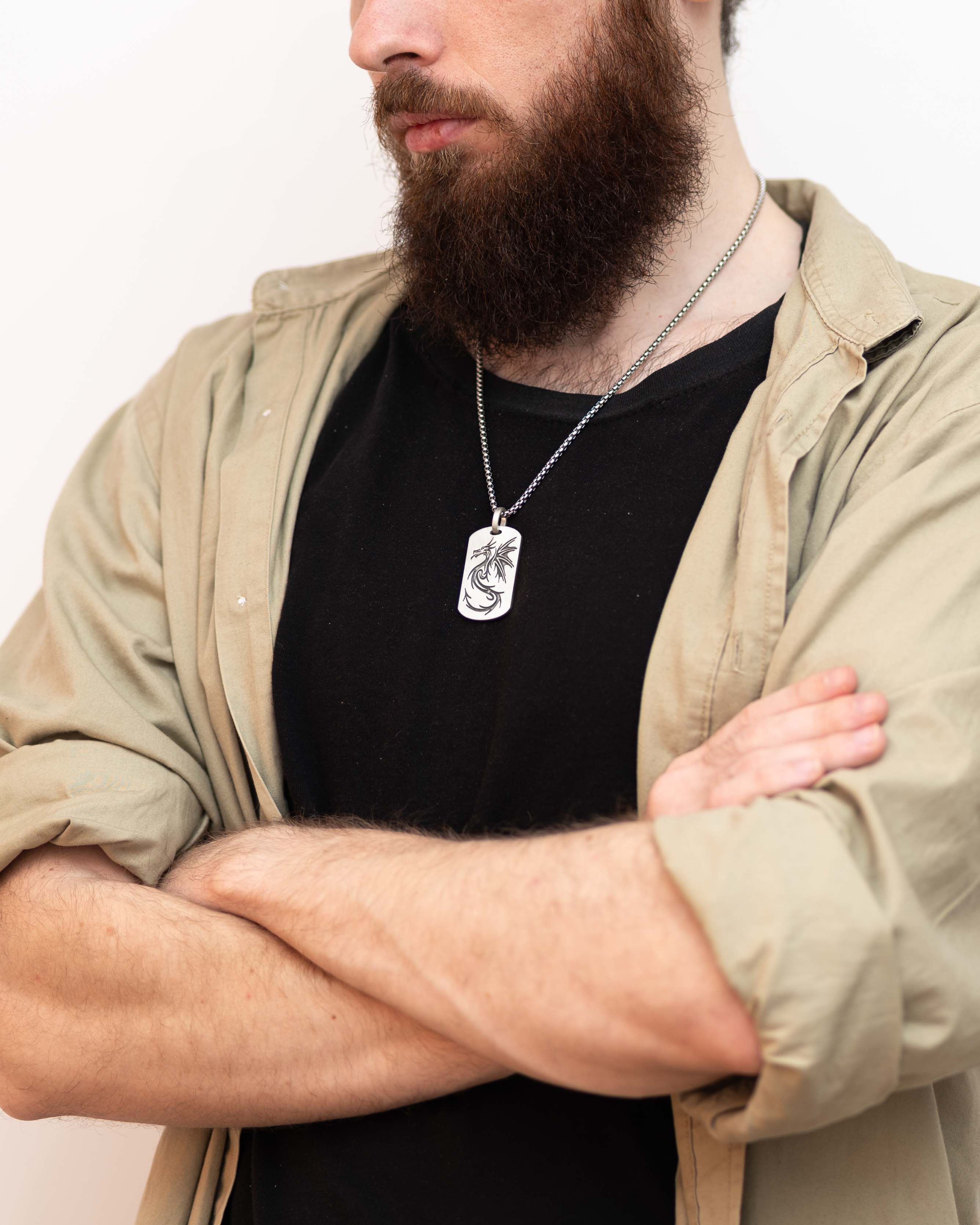 Engraved Dragon Tag Pendant for Men in Silver