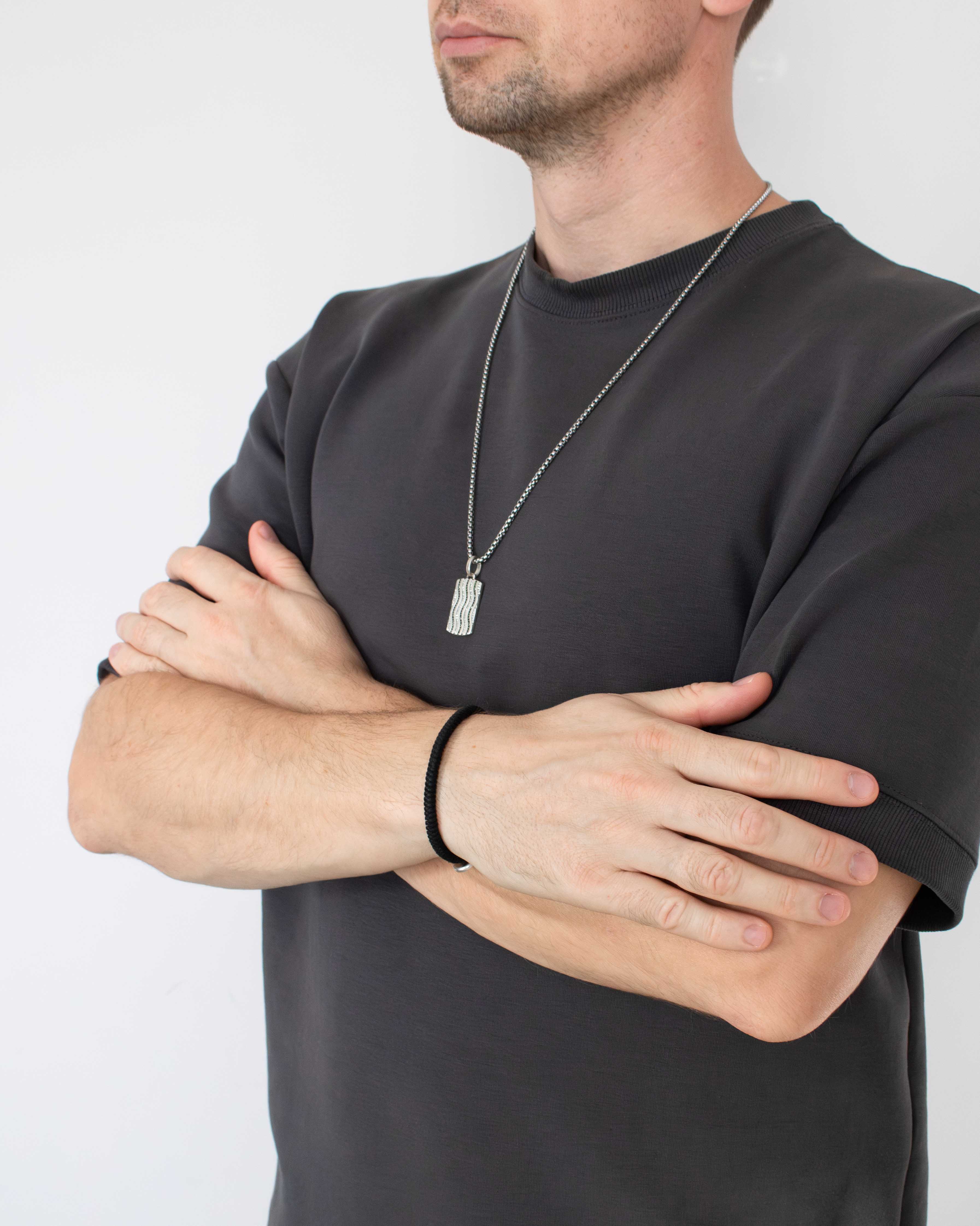 Mens Silver Wavy Design Pendant Black & White Gemstones