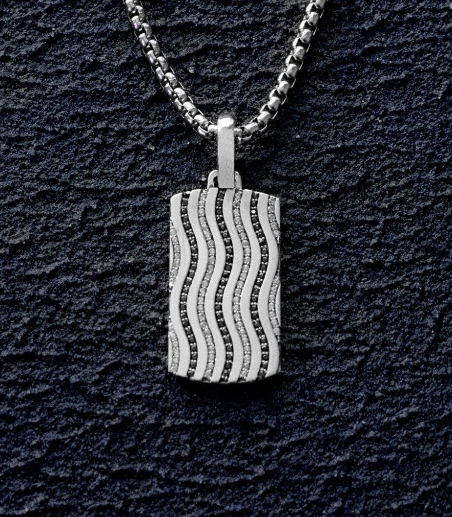 Wavy Crystals Designer Tag Necklace Black and White