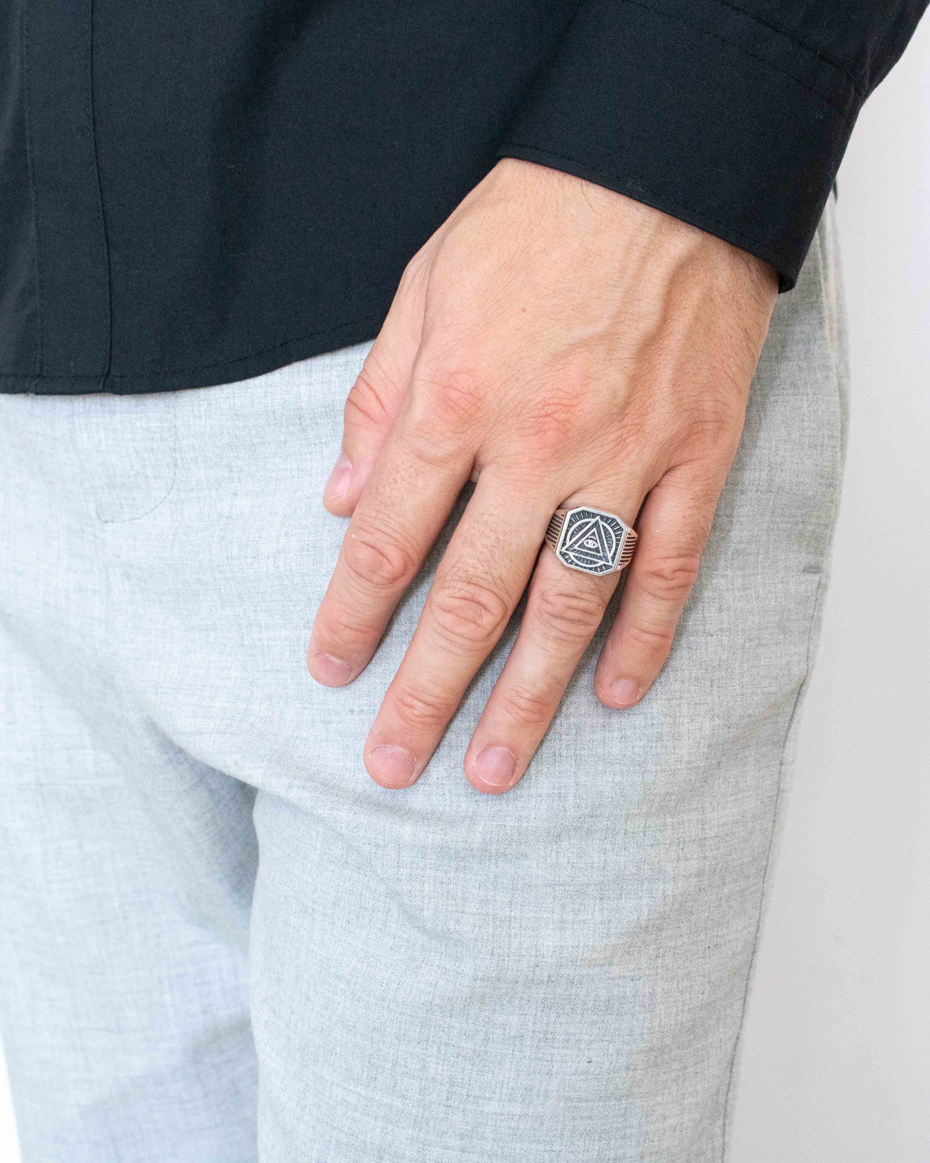 All Seeing Eye Ring Silver Masonic Signet with Pyramid