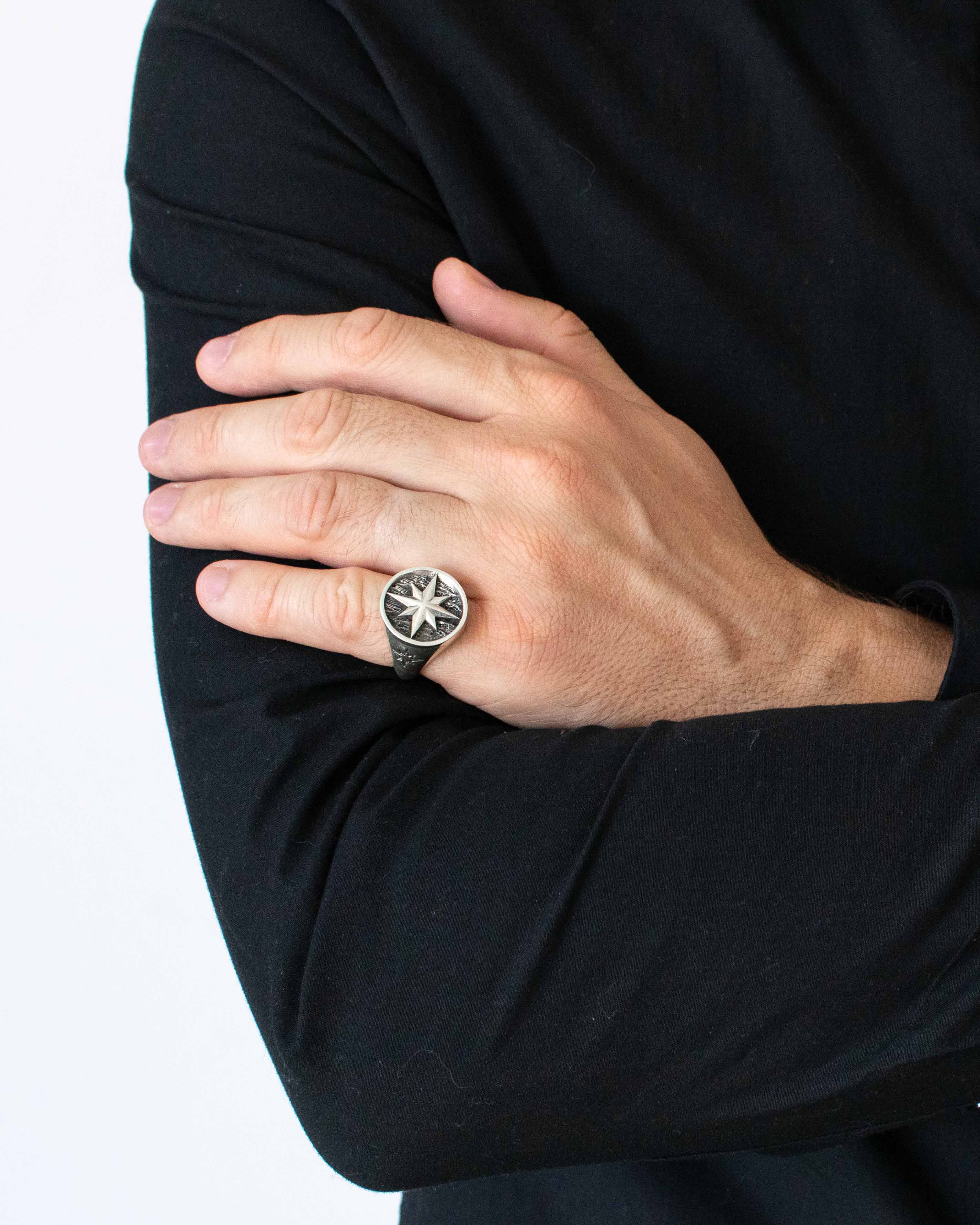 North Star Signet Ring Fine Silver Round Shape Oxidized