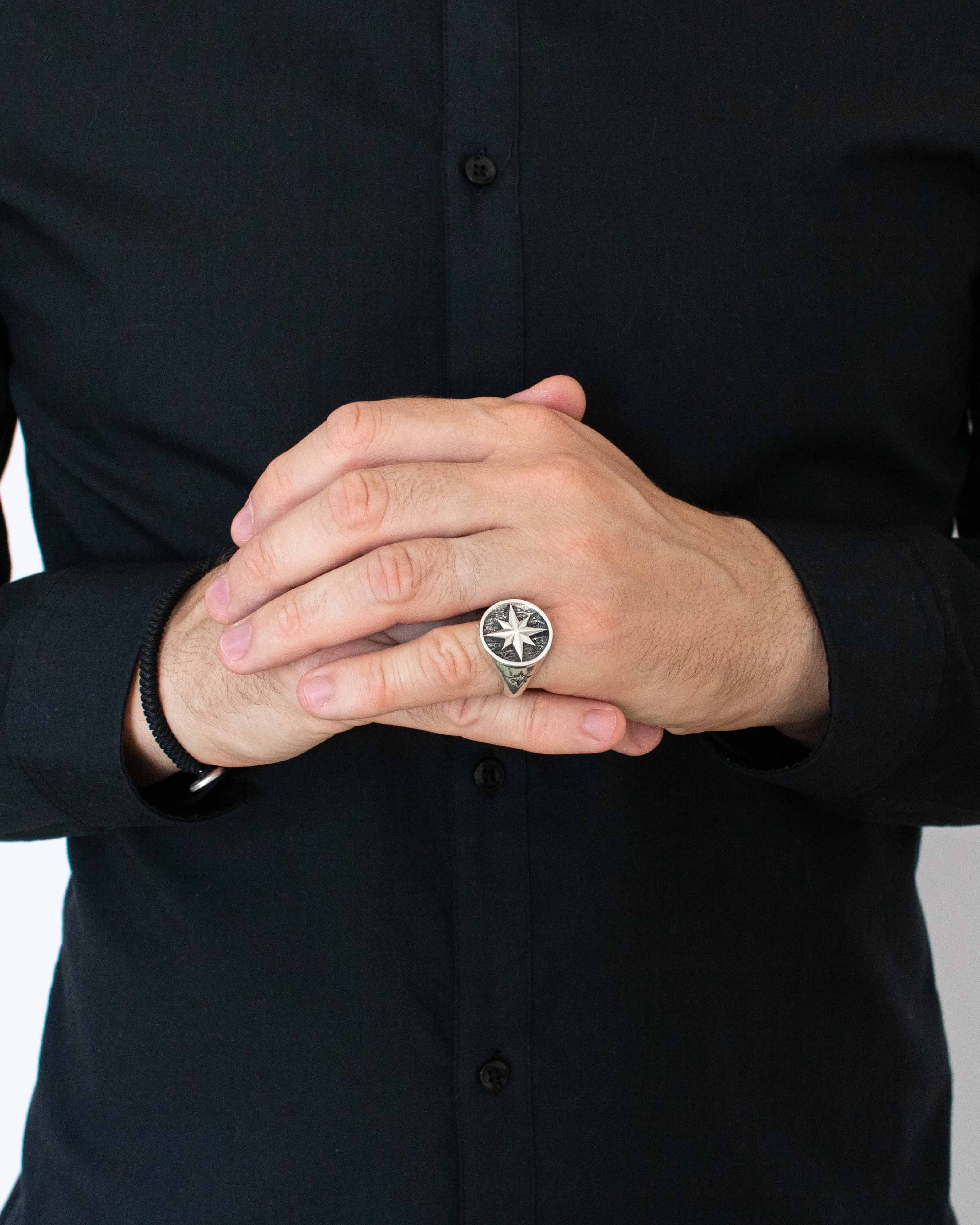 North Star Signet Ring Fine Silver Round Shape Oxidized