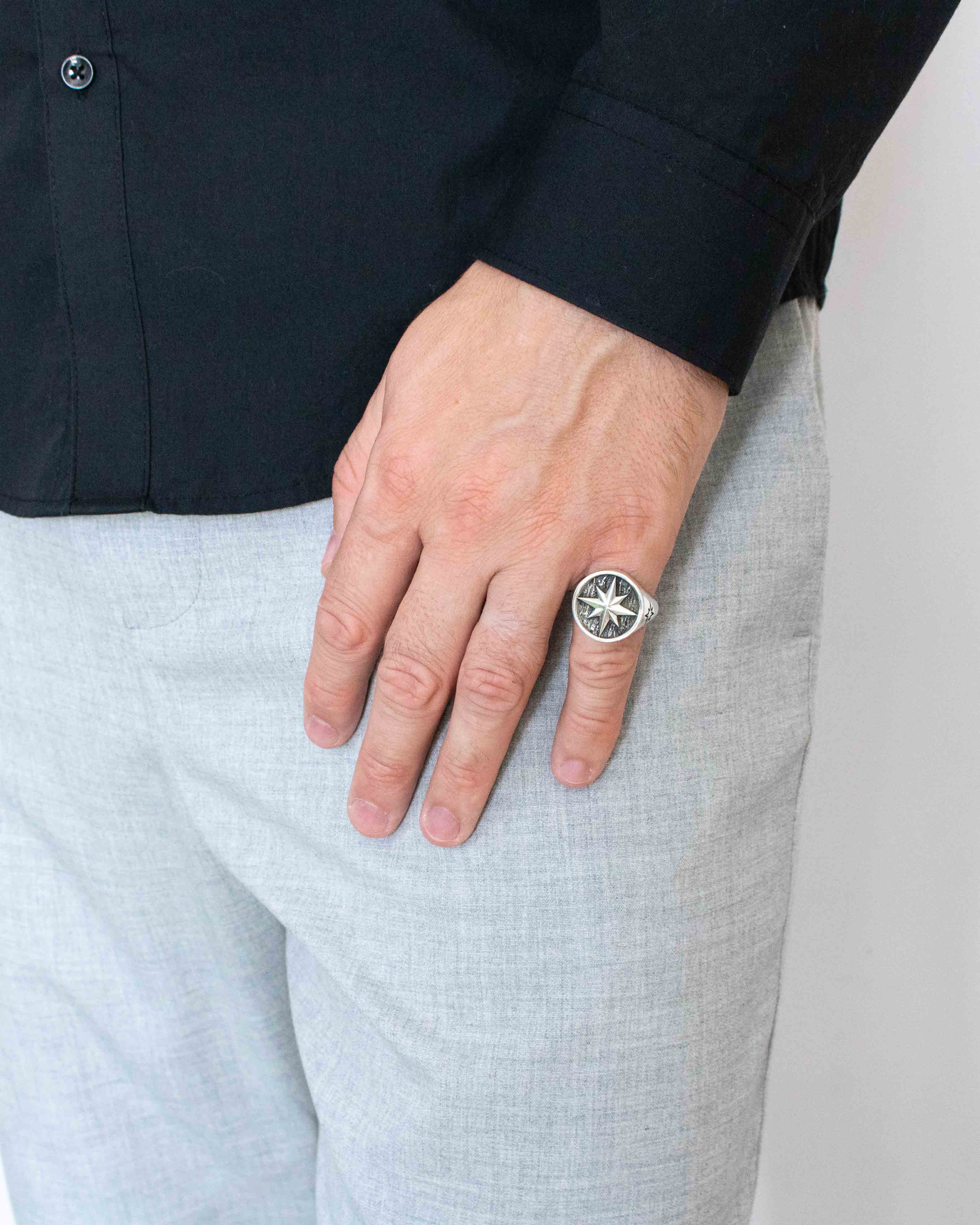 North Star Signet Ring Fine Silver Round Shape Oxidized