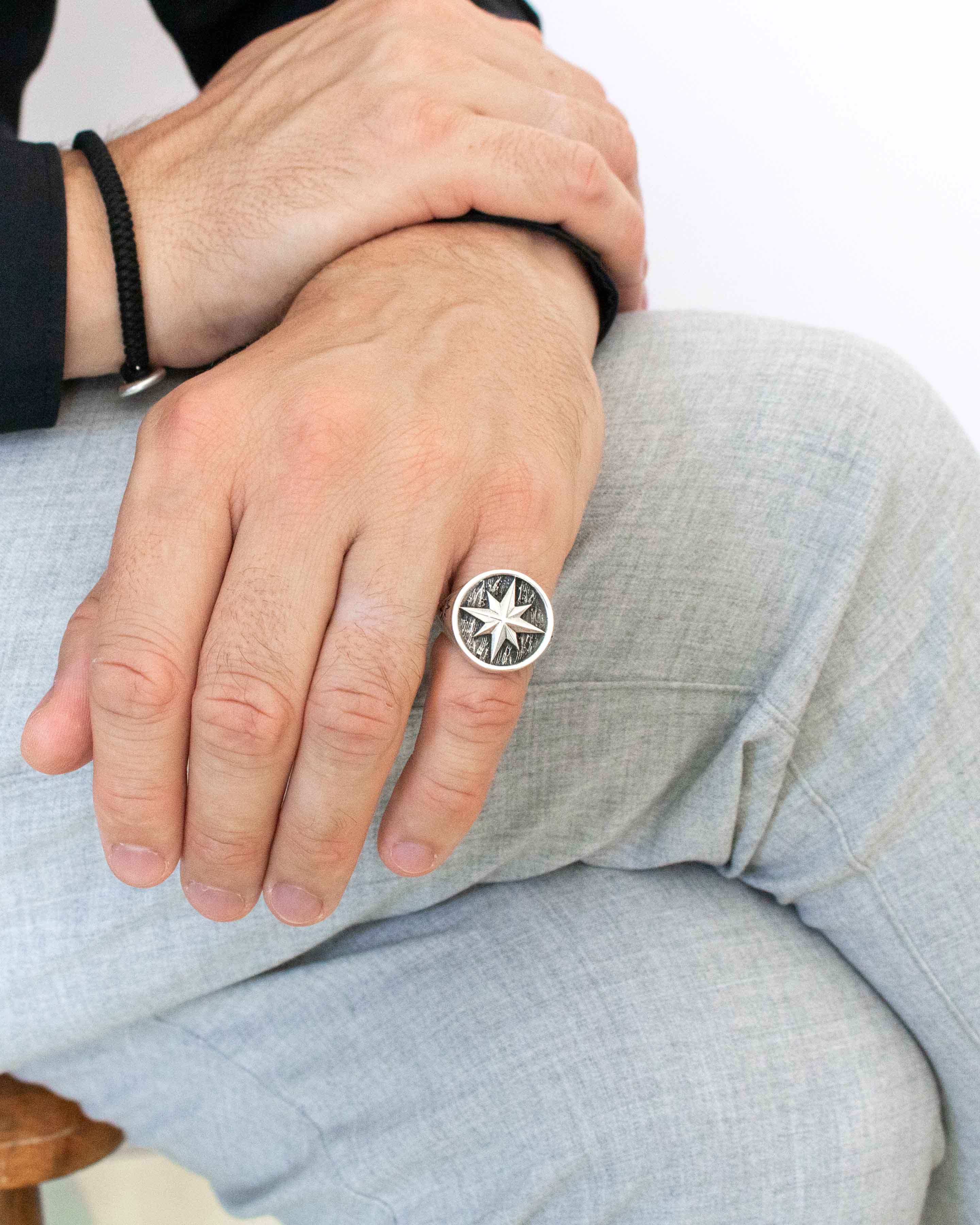 North Star Signet Ring Fine Silver Round Shape Oxidized