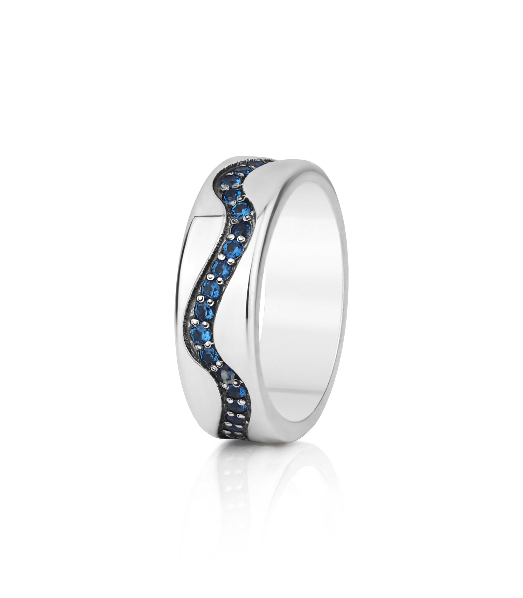 Wave Wedding Ring with Blue Stones Sterling Silver
