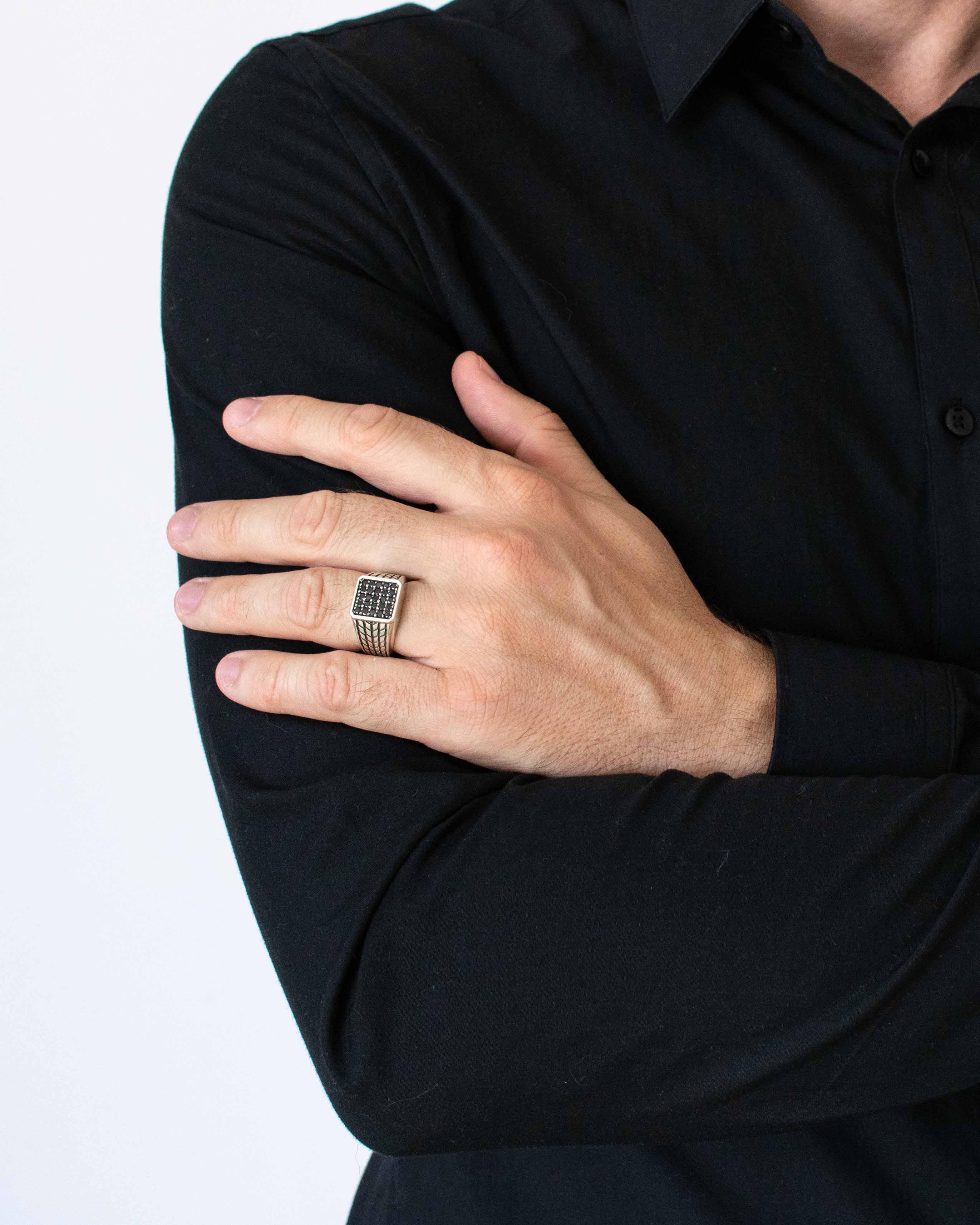 Patterned Signet Ring with Pave Black Stones Silver