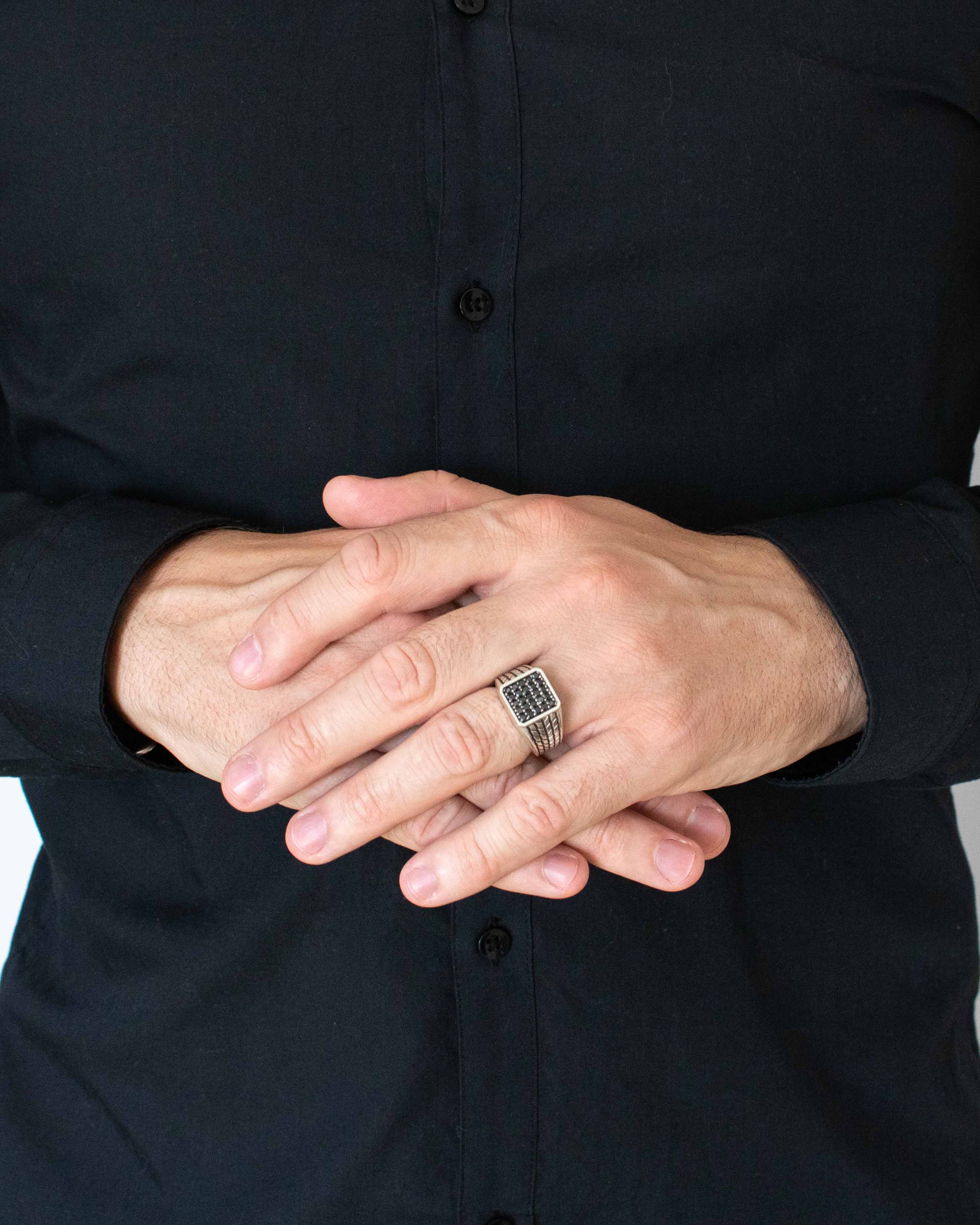 Patterned Signet Ring with Pave Black Stones Silver