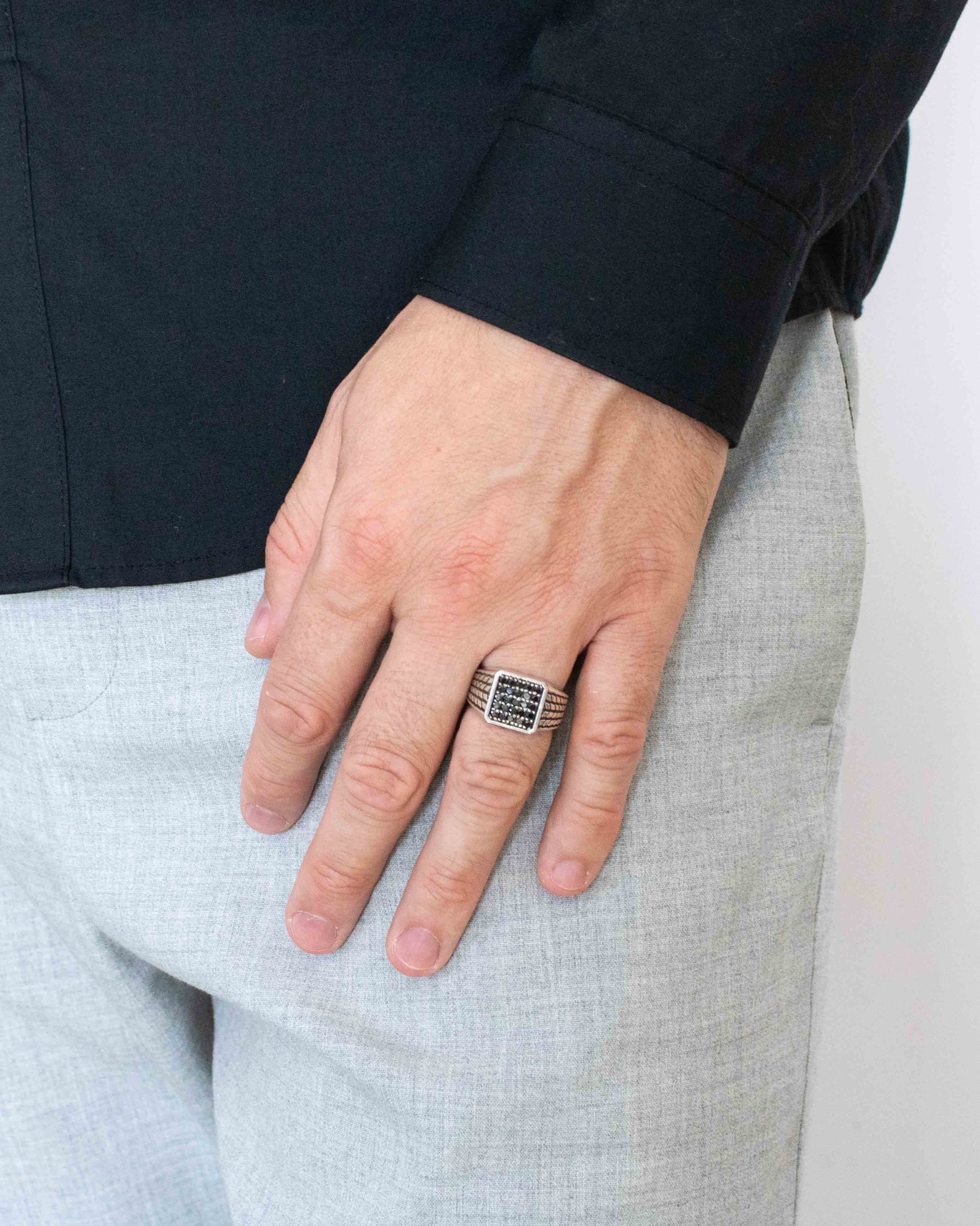 Patterned Signet Ring with Pave Black Stones Silver
