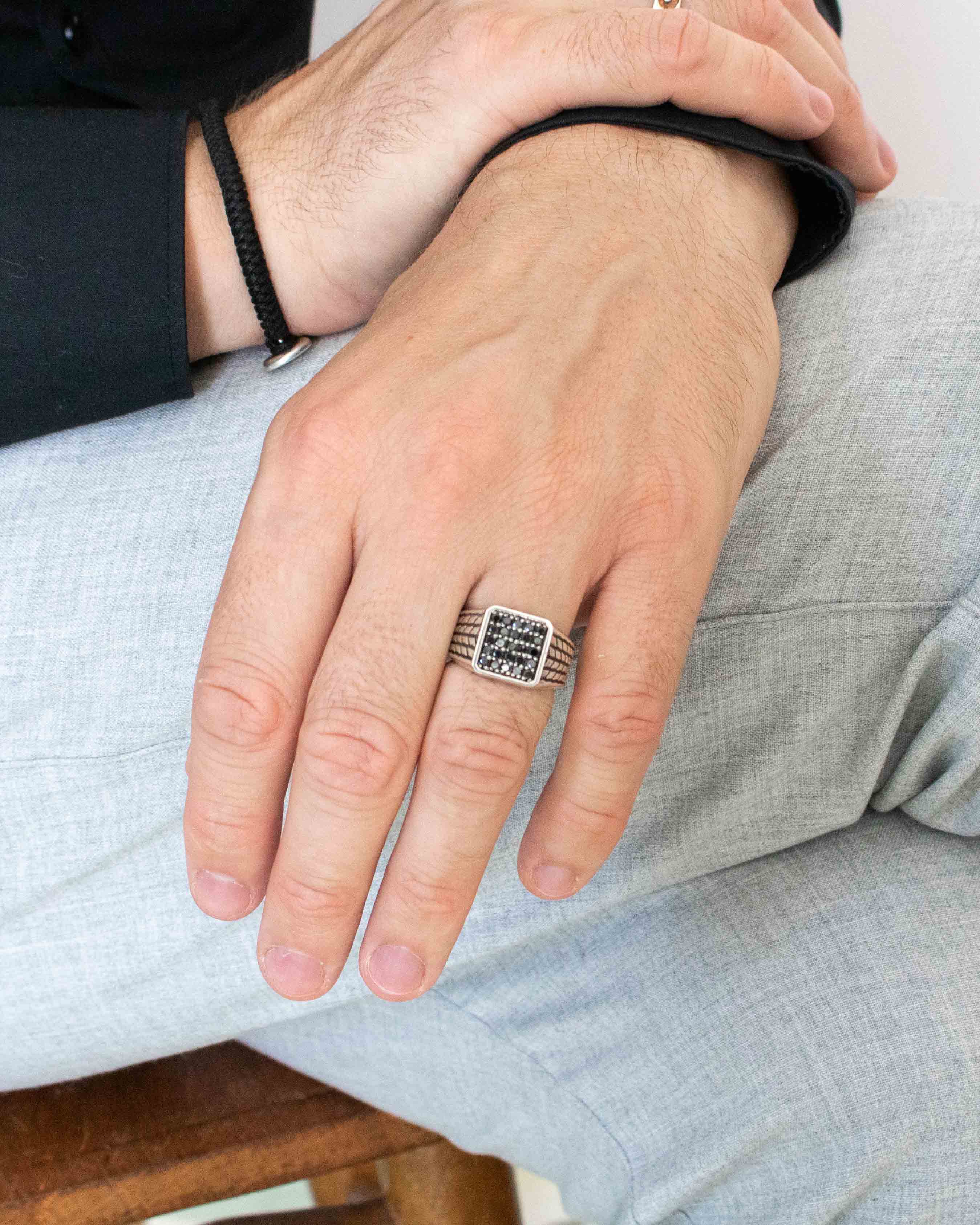 Patterned Signet Ring with Pave Black Stones Silver