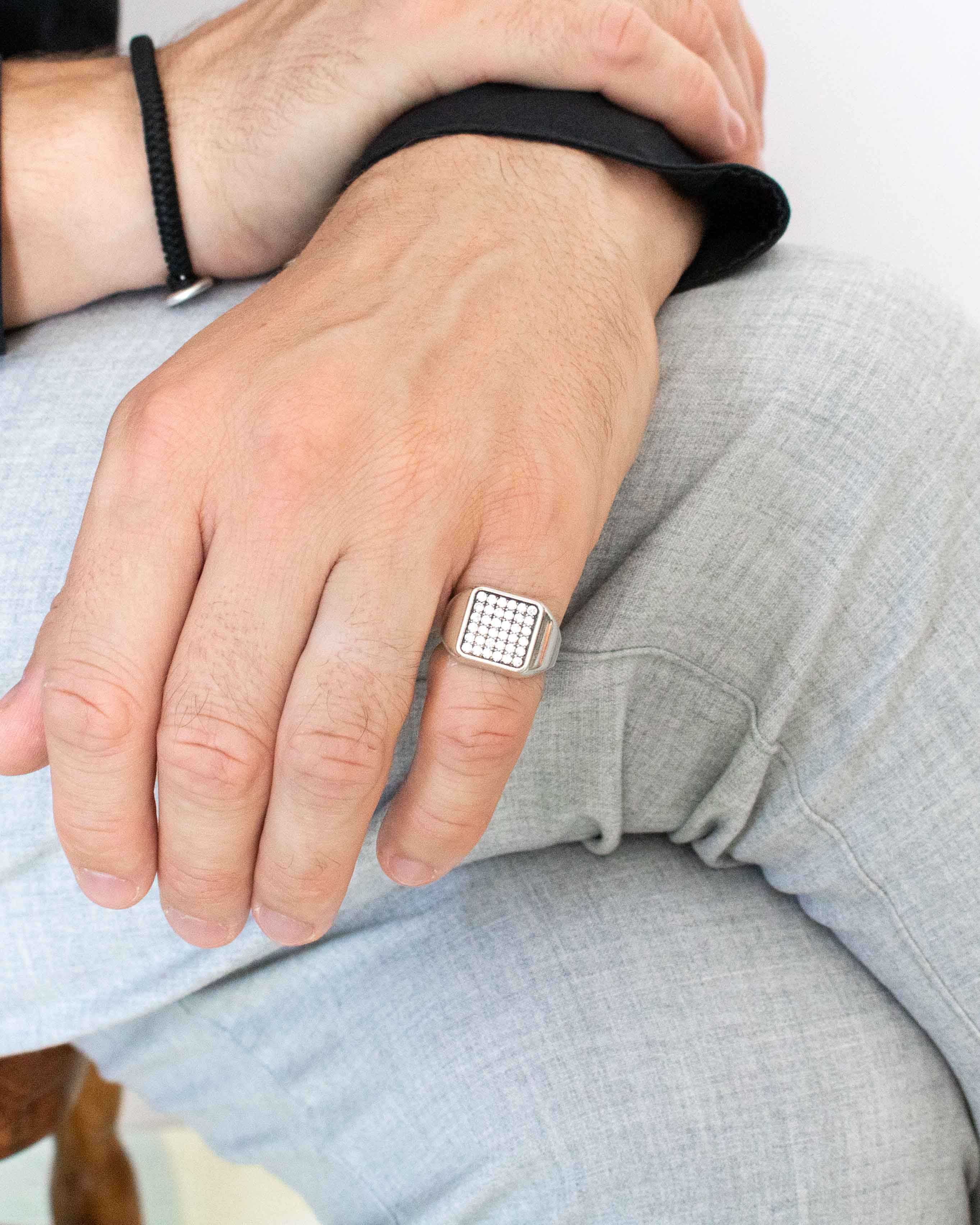 Mens Classy Silver Signet Ring with Pave Diamonds CZ