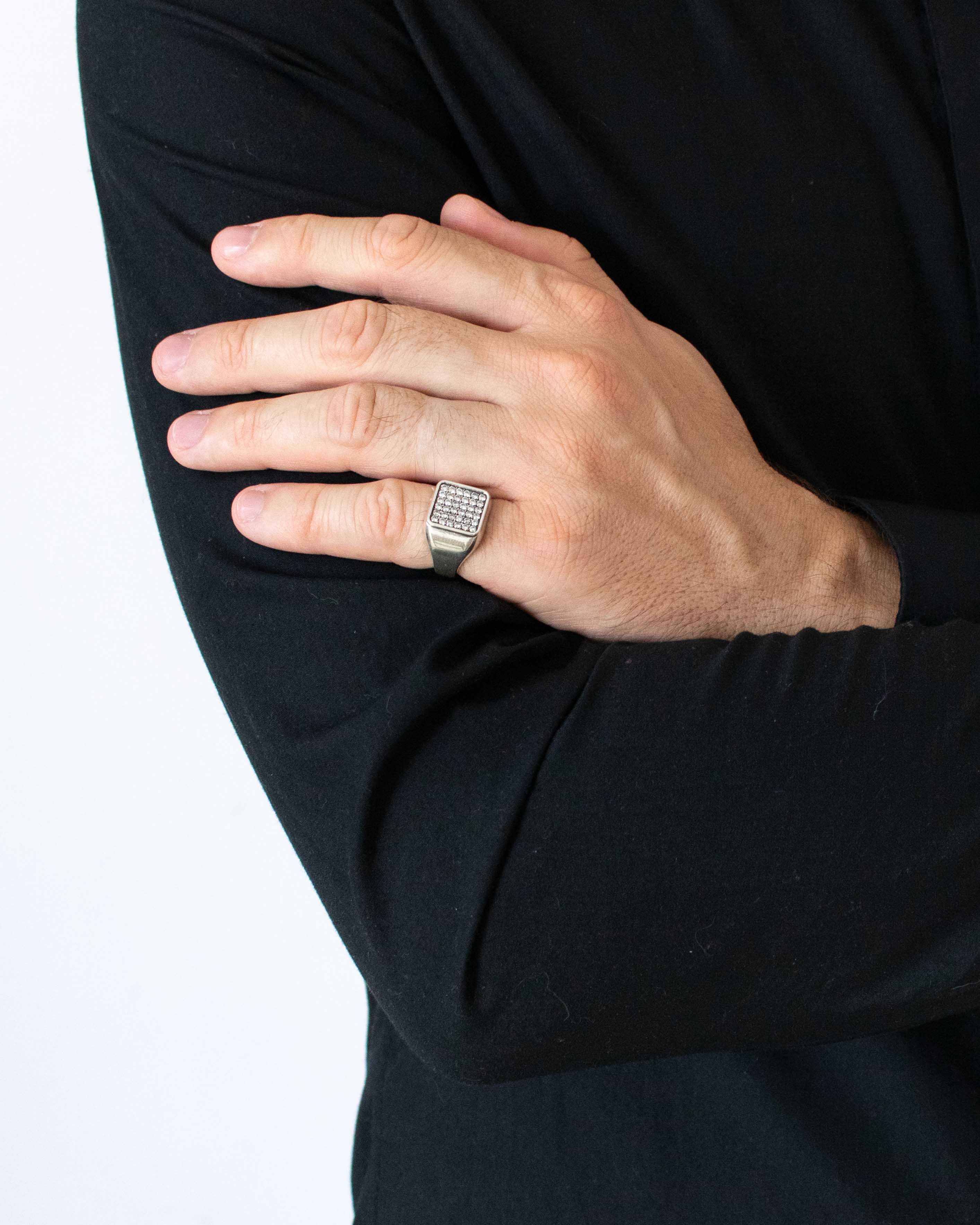 Mens Classy Silver Signet Ring with Pave Diamonds CZ