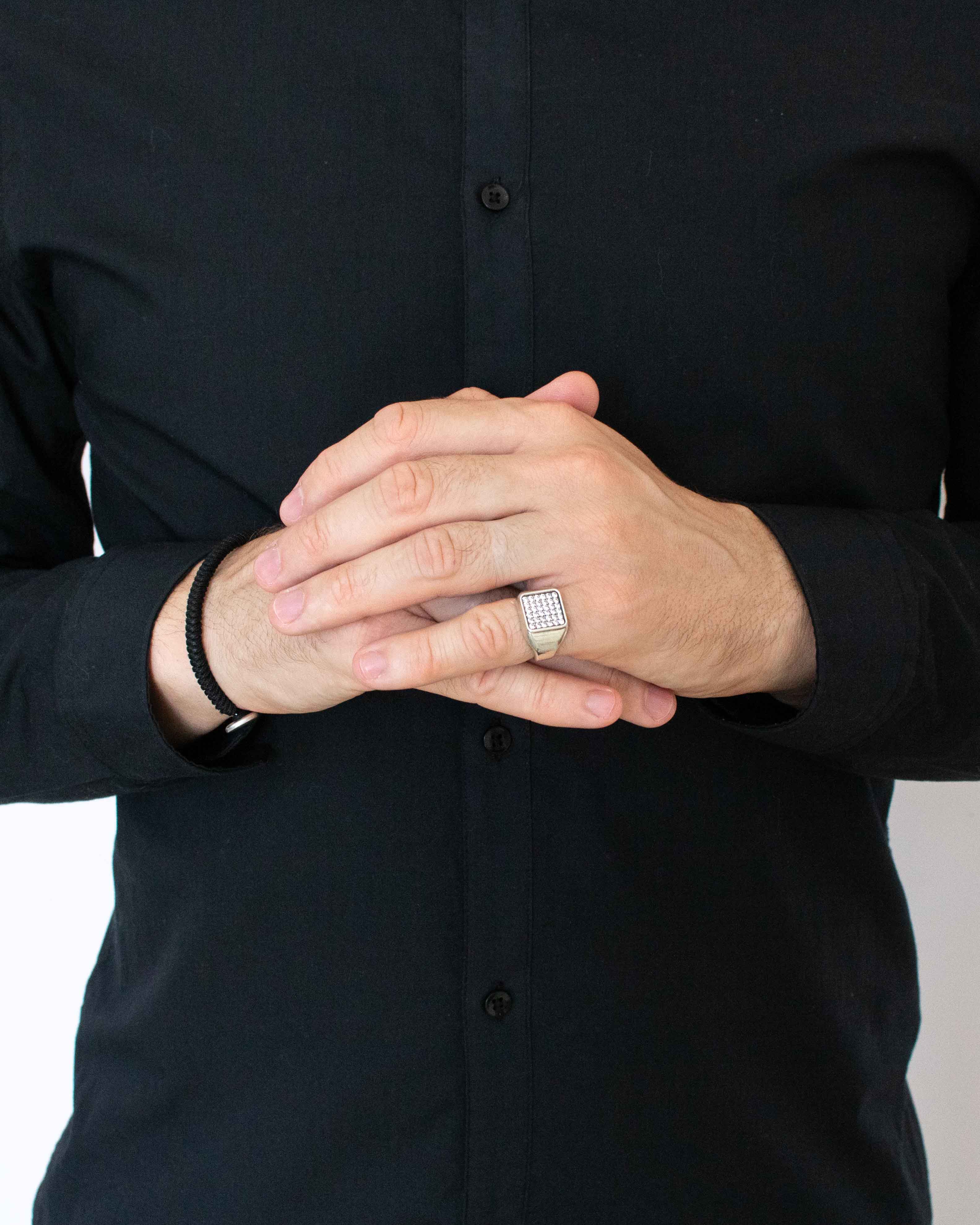 Mens Classy Silver Signet Ring with Pave Diamonds CZ