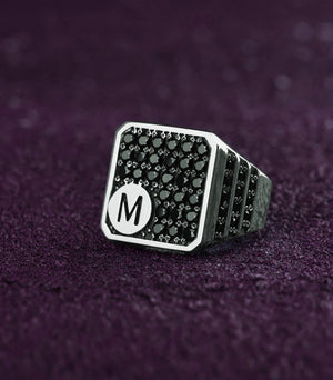 Mens Signet Ring Black Stones Custom Name Letter Gift