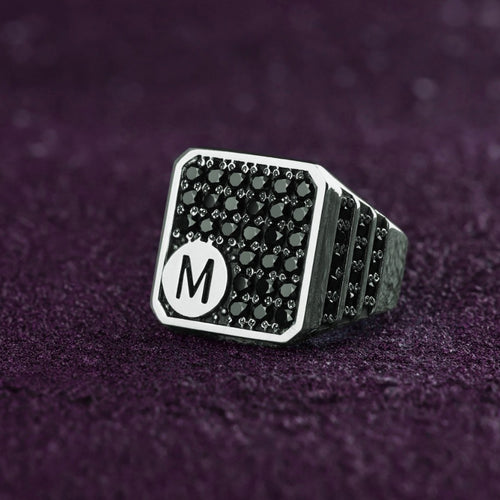 Mens Signet Ring Black Stones Custom Name Letter Gift