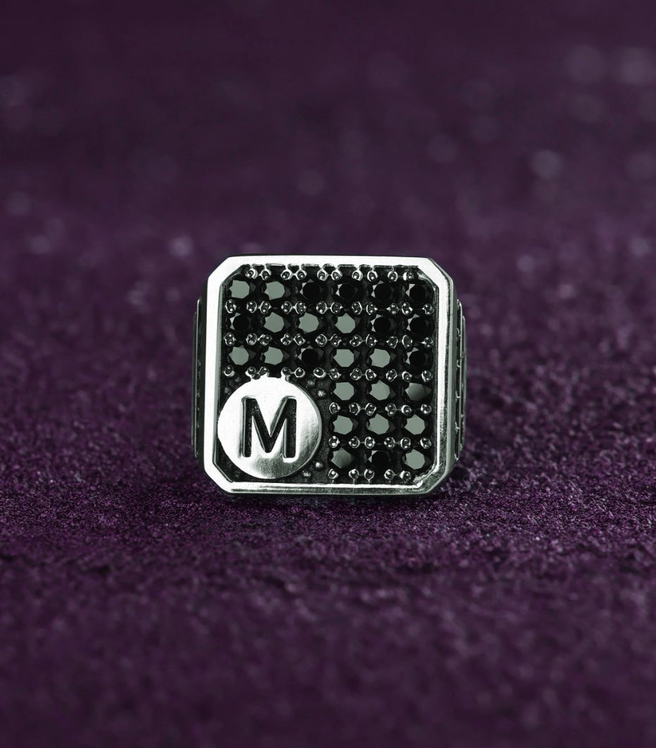Mens Signet Ring Black Stones Custom Name Letter Gift