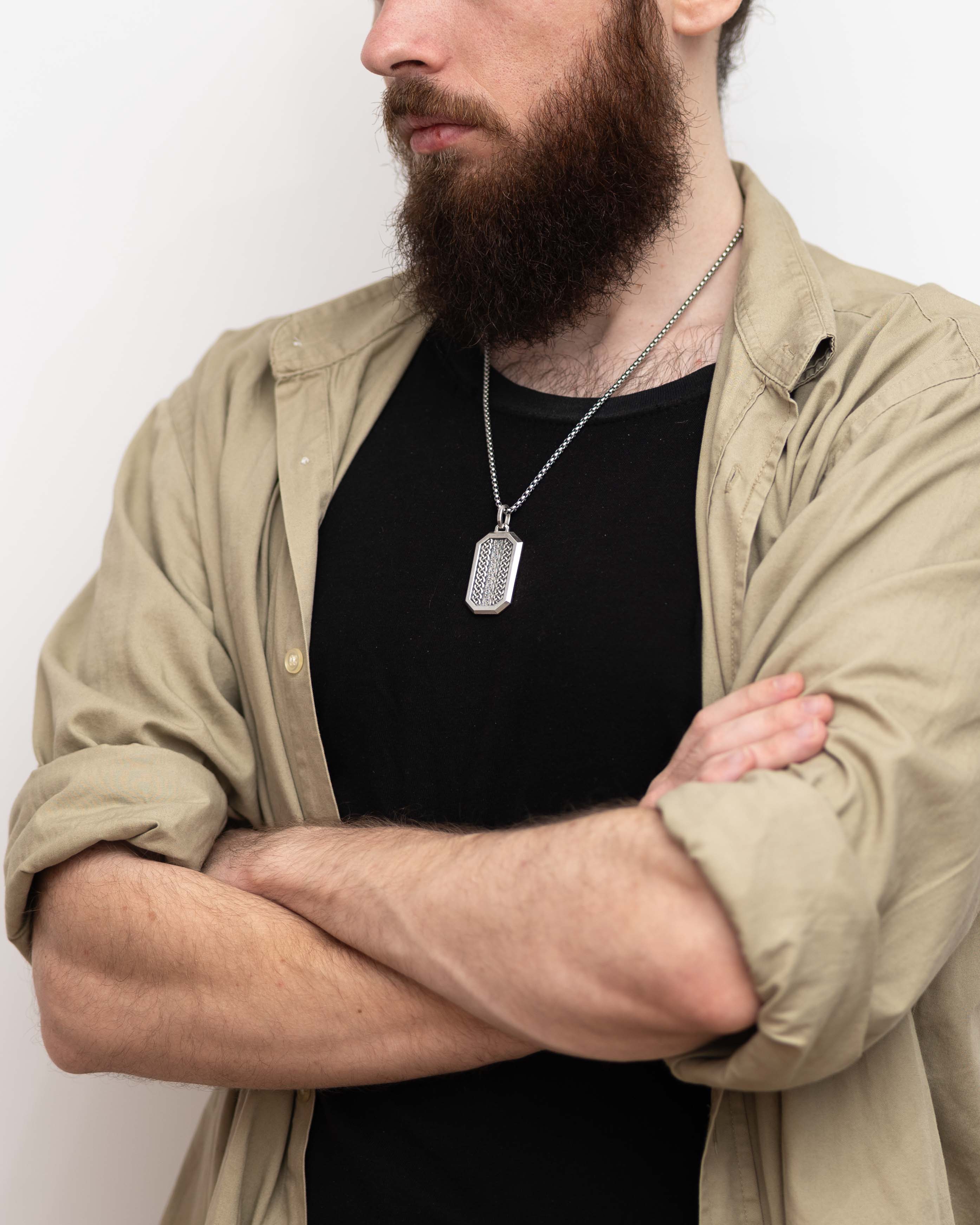 Mens Silver Irish Tag Pendant Necklace Octagon Shaped