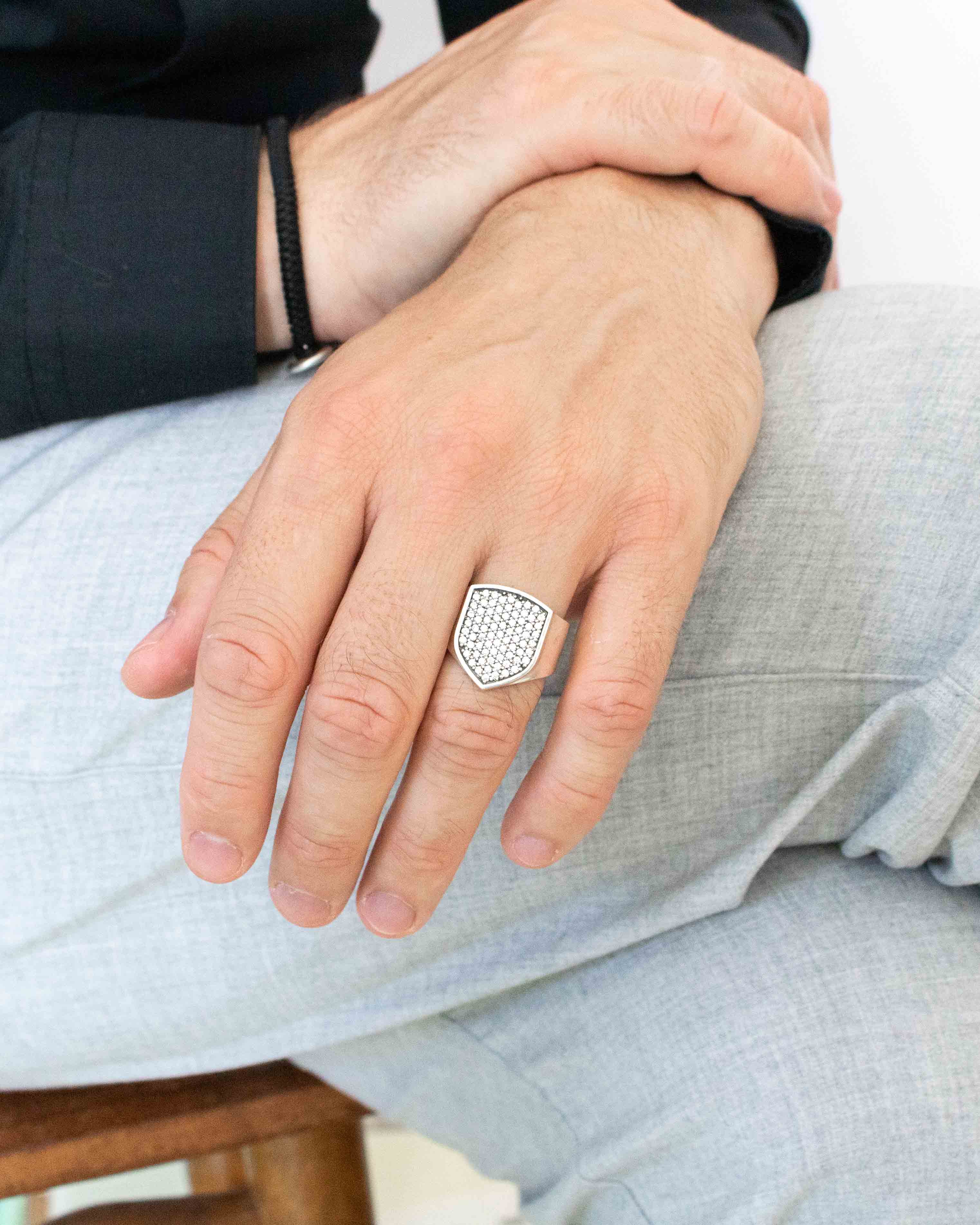 Mens Shield Engagement Ring Signet with Diamonds CZ
