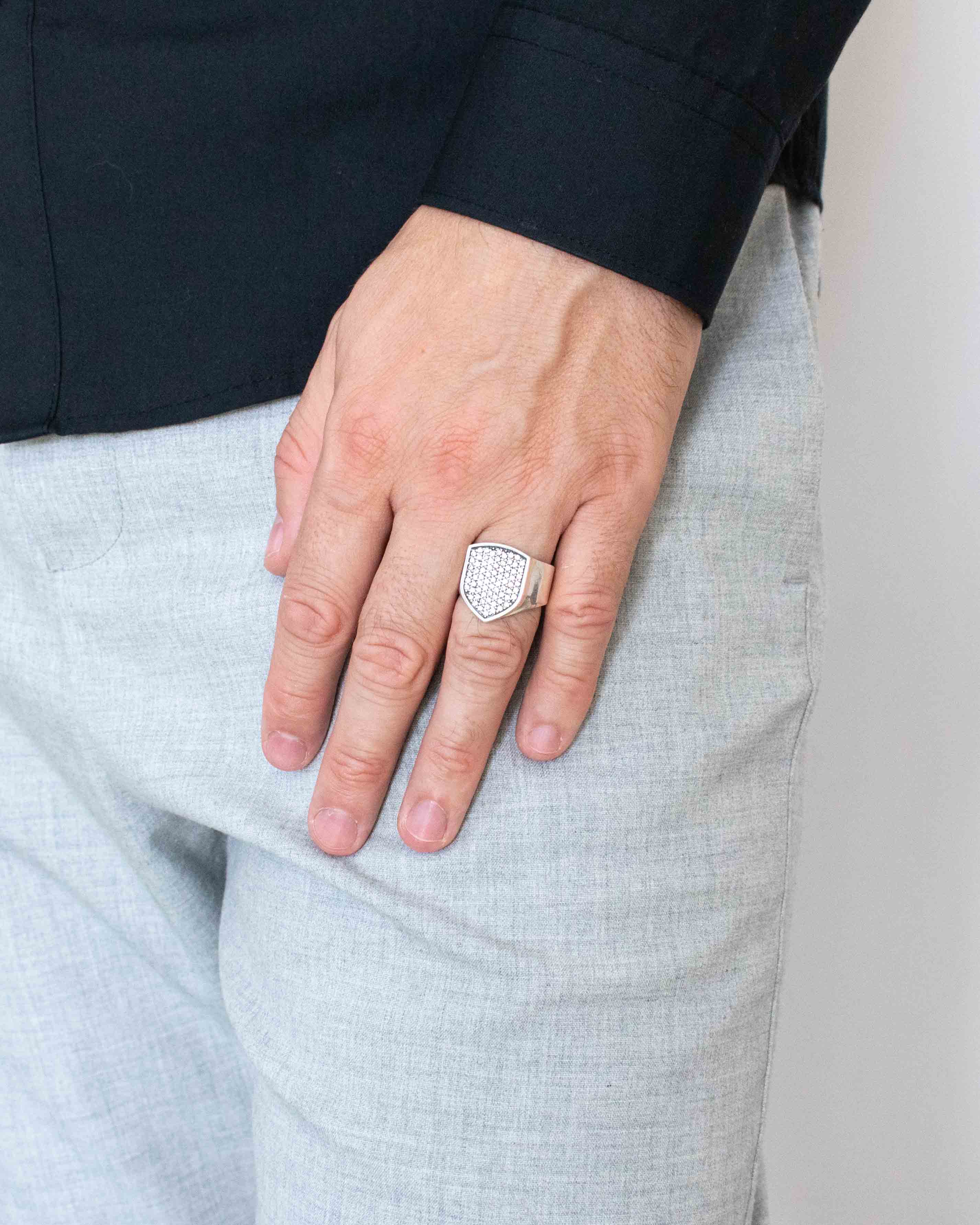 Mens Shield Engagement Ring Signet with Diamonds CZ