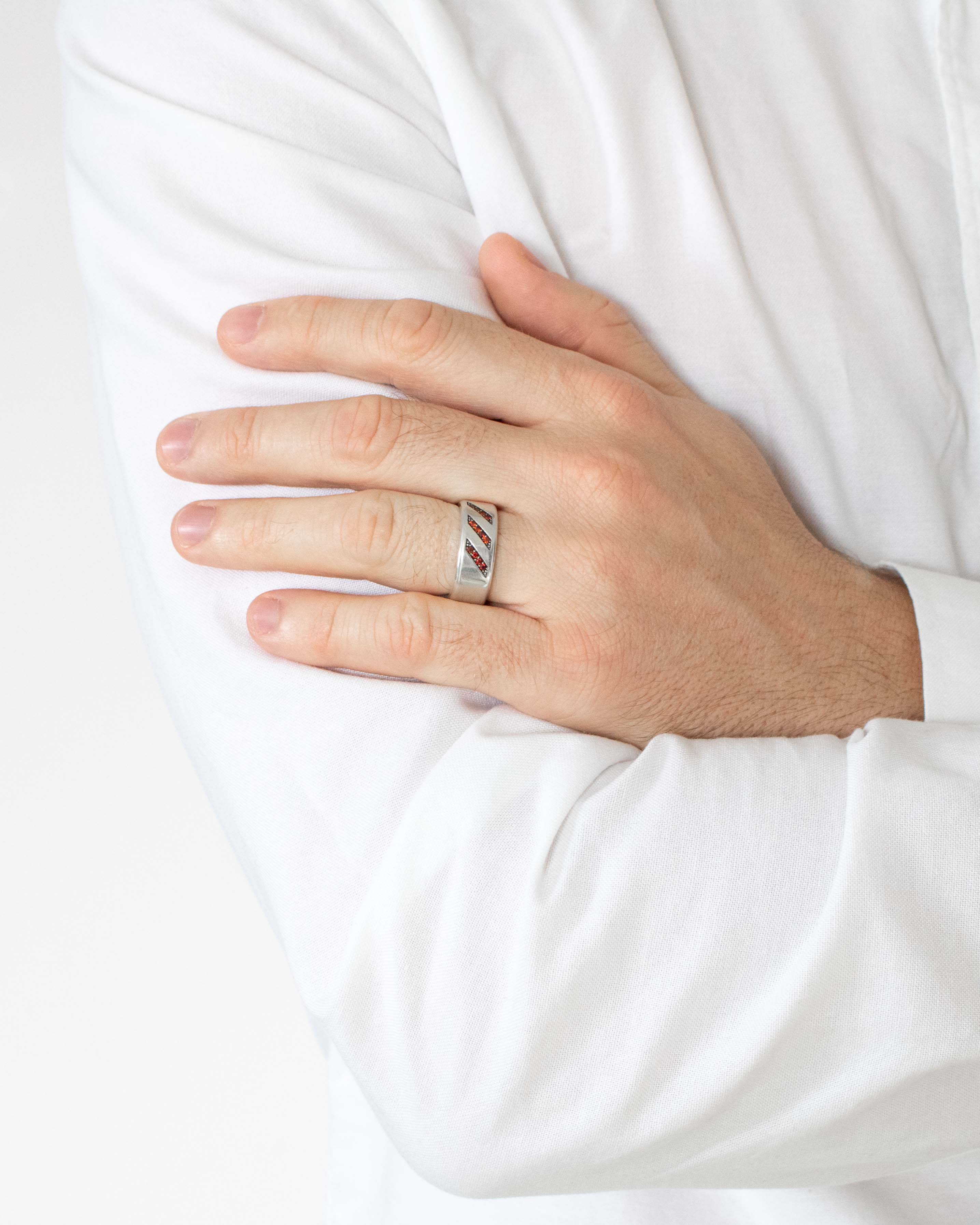 Minimalist Wedding Ring with Red Stones Sterling Silver