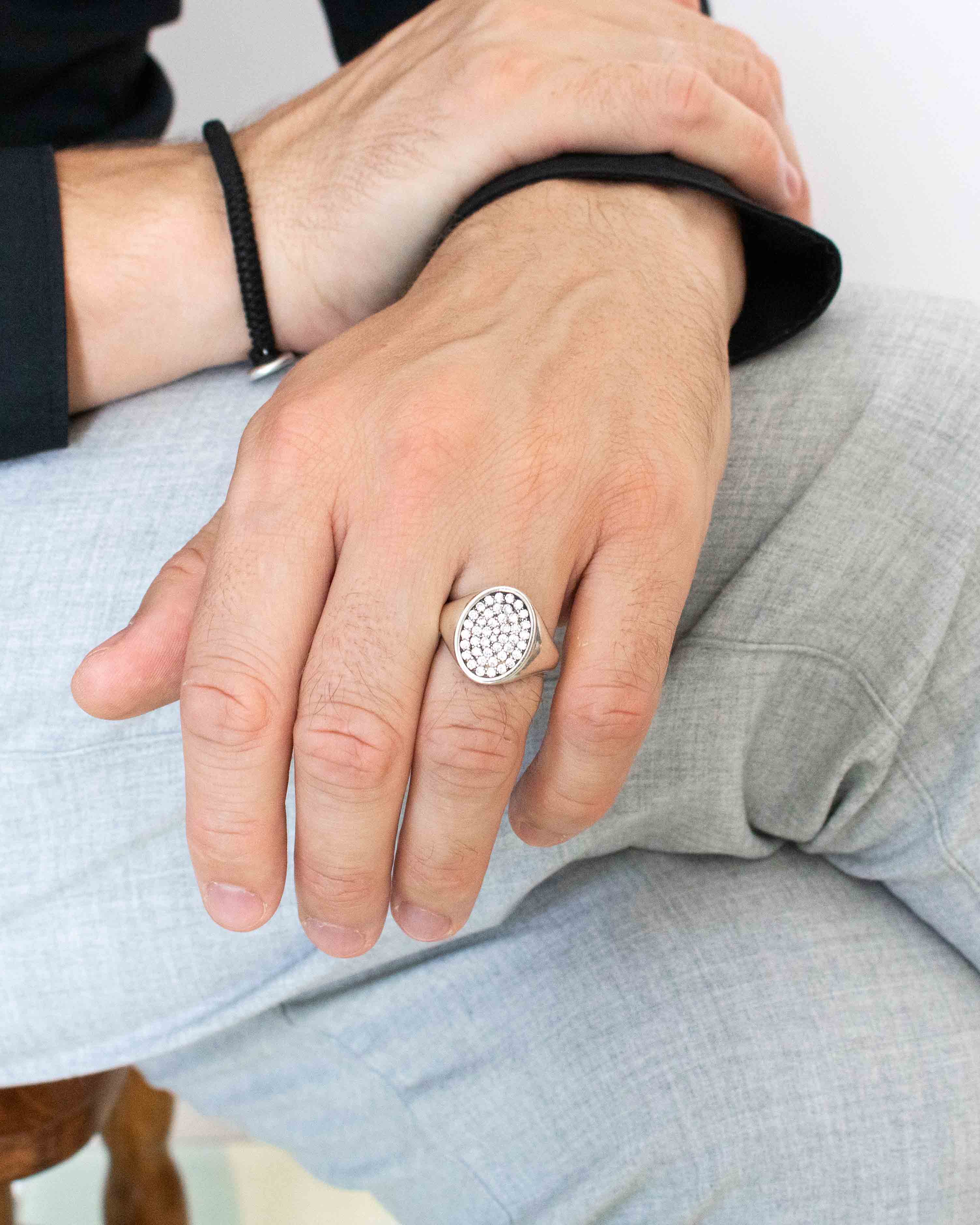 Oval Signet Ring Silver Full Head Pave White Stones