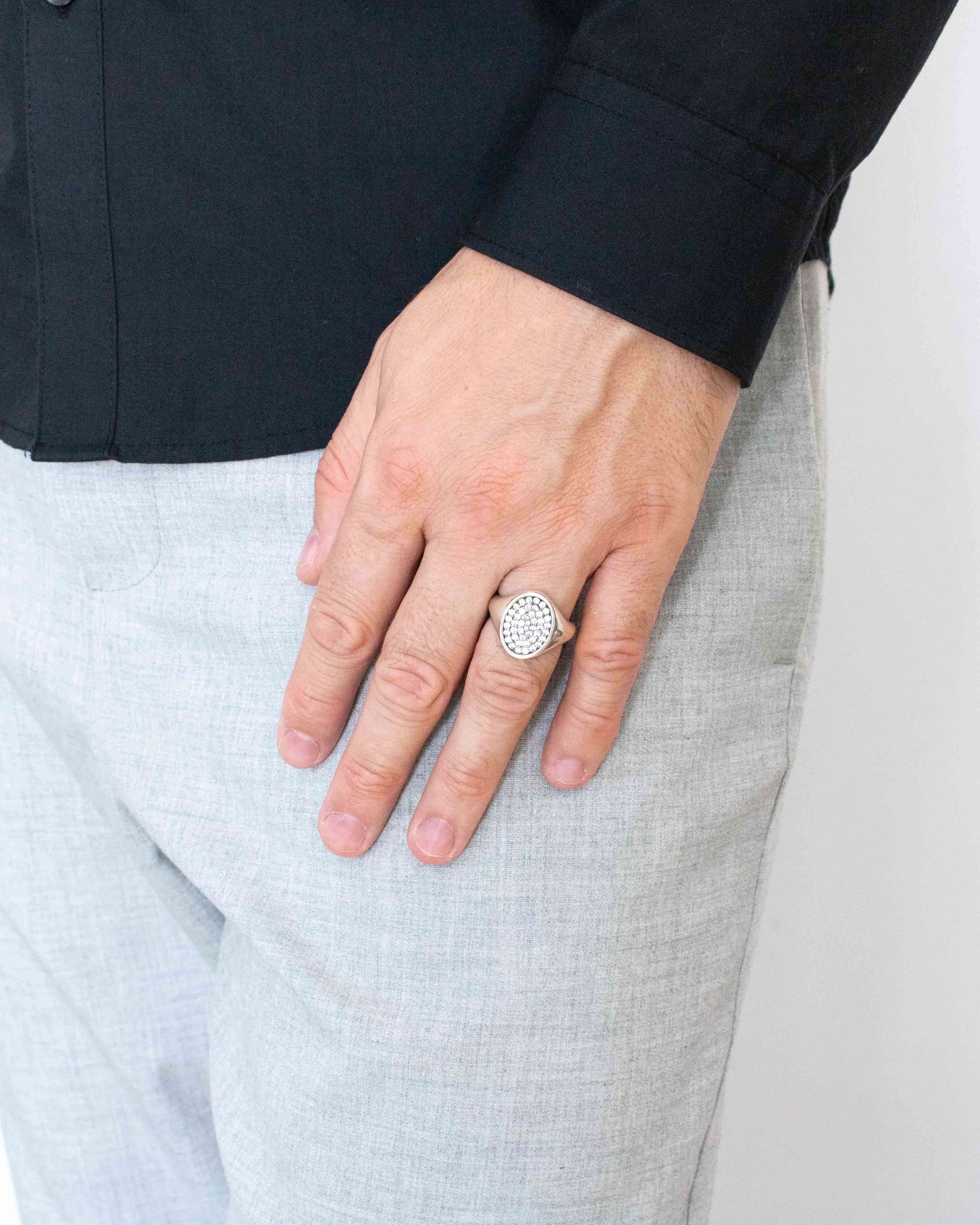Oval Signet Ring Silver Full Head Pave White Stones
