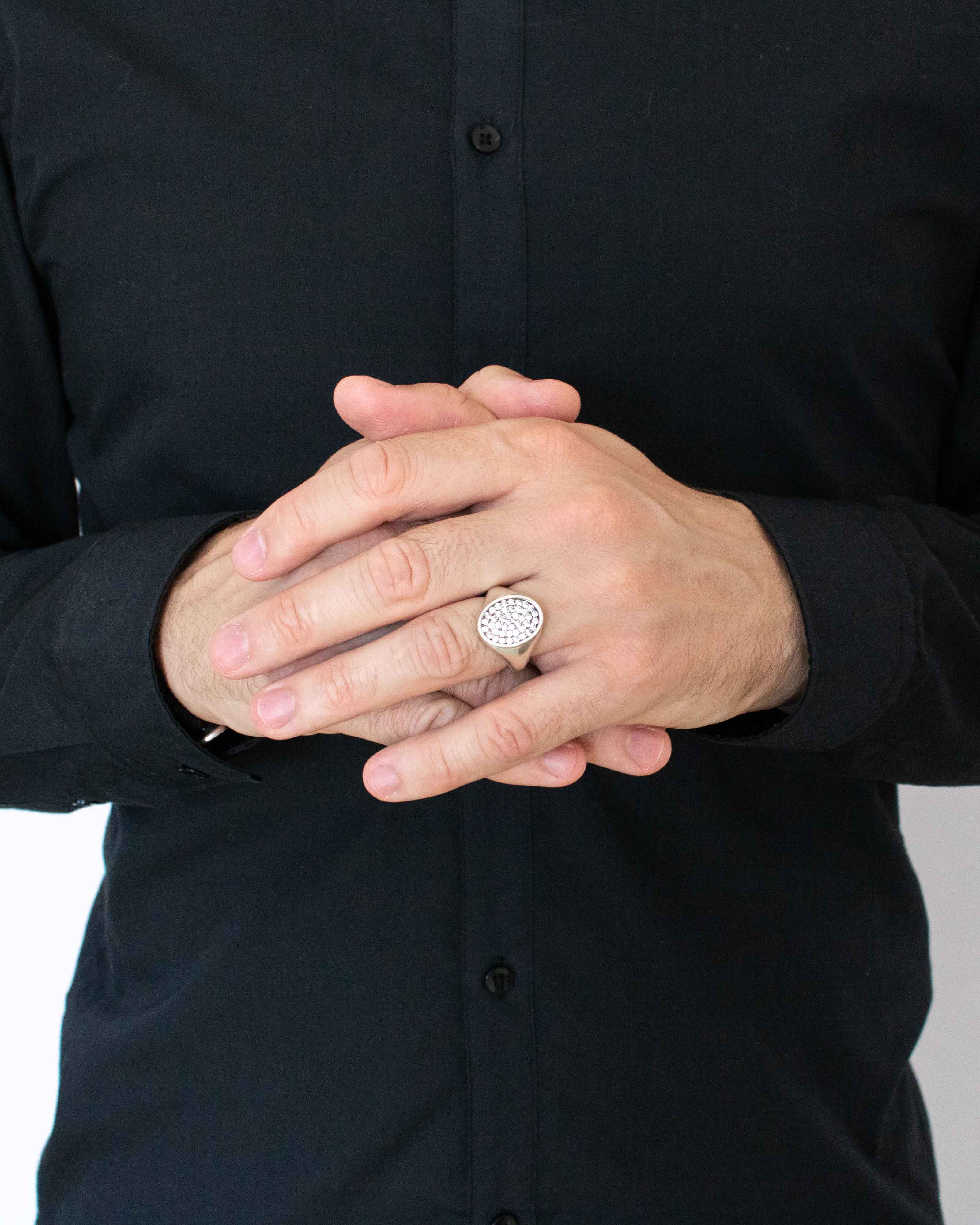 Oval Signet Ring Silver Full Head Pave White Stones