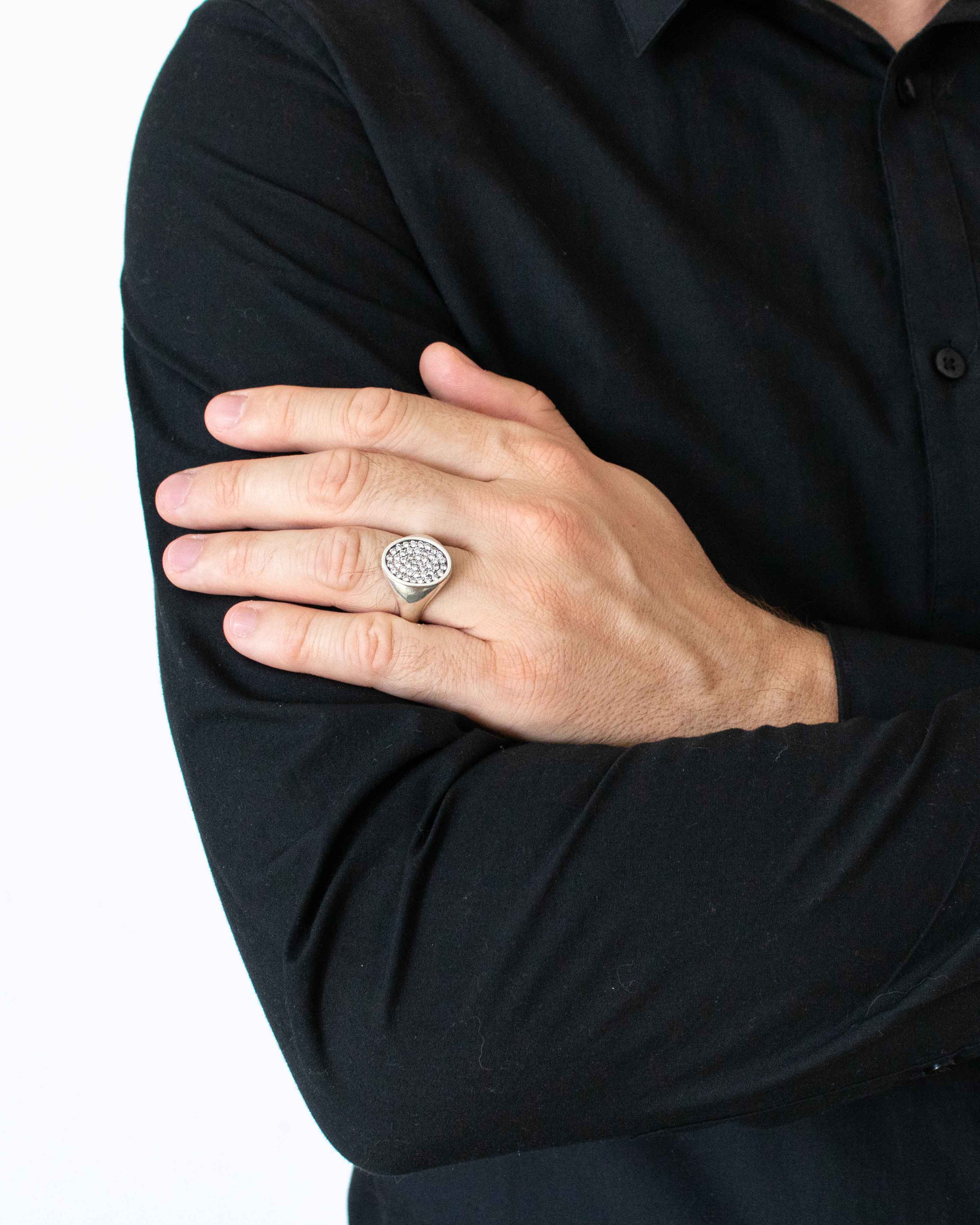 Oval Signet Ring Silver Full Head Pave White Stones