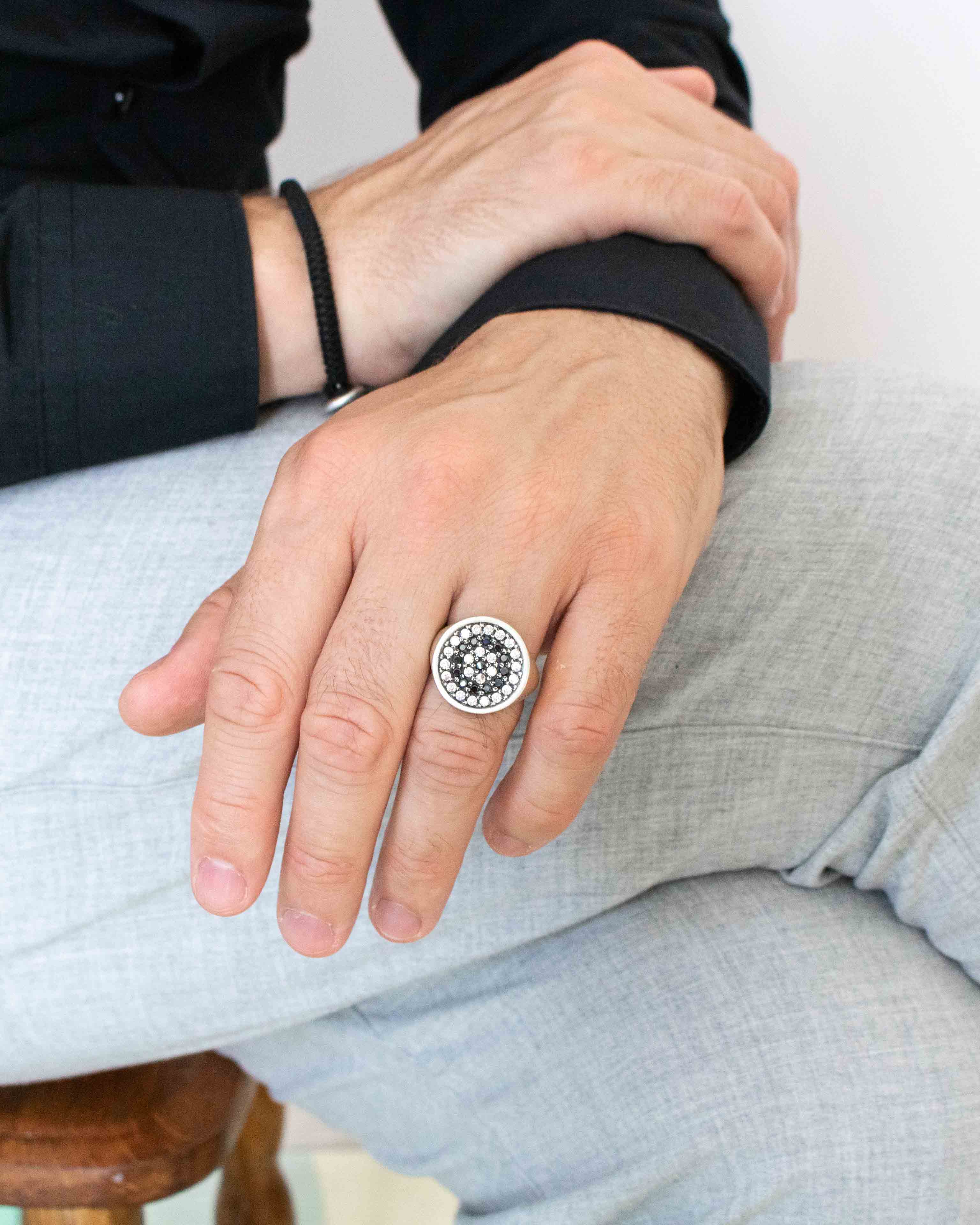Black and White Round Signet Ring for Men Multi Stone