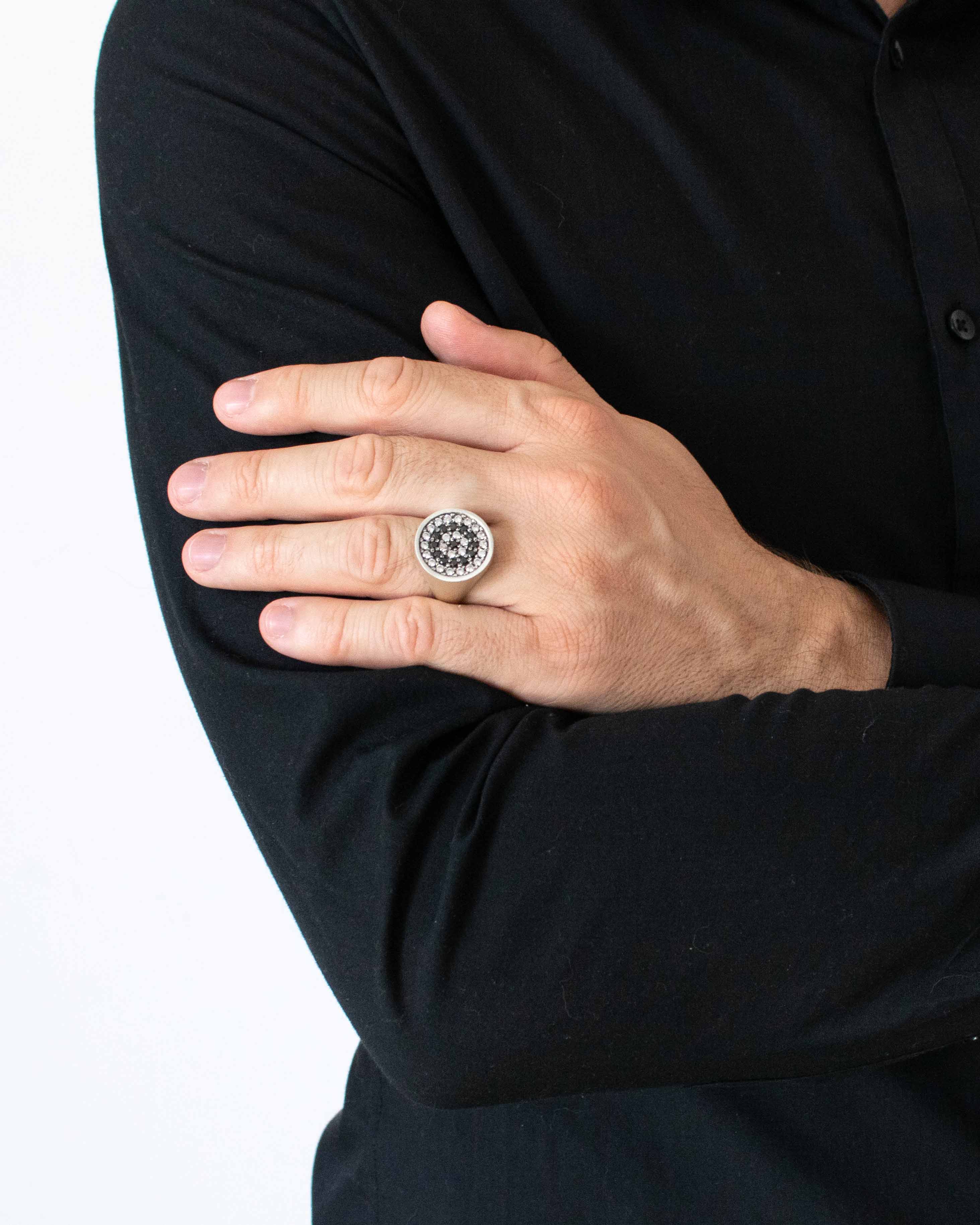 Black and White Round Signet Ring for Men Multi Stone