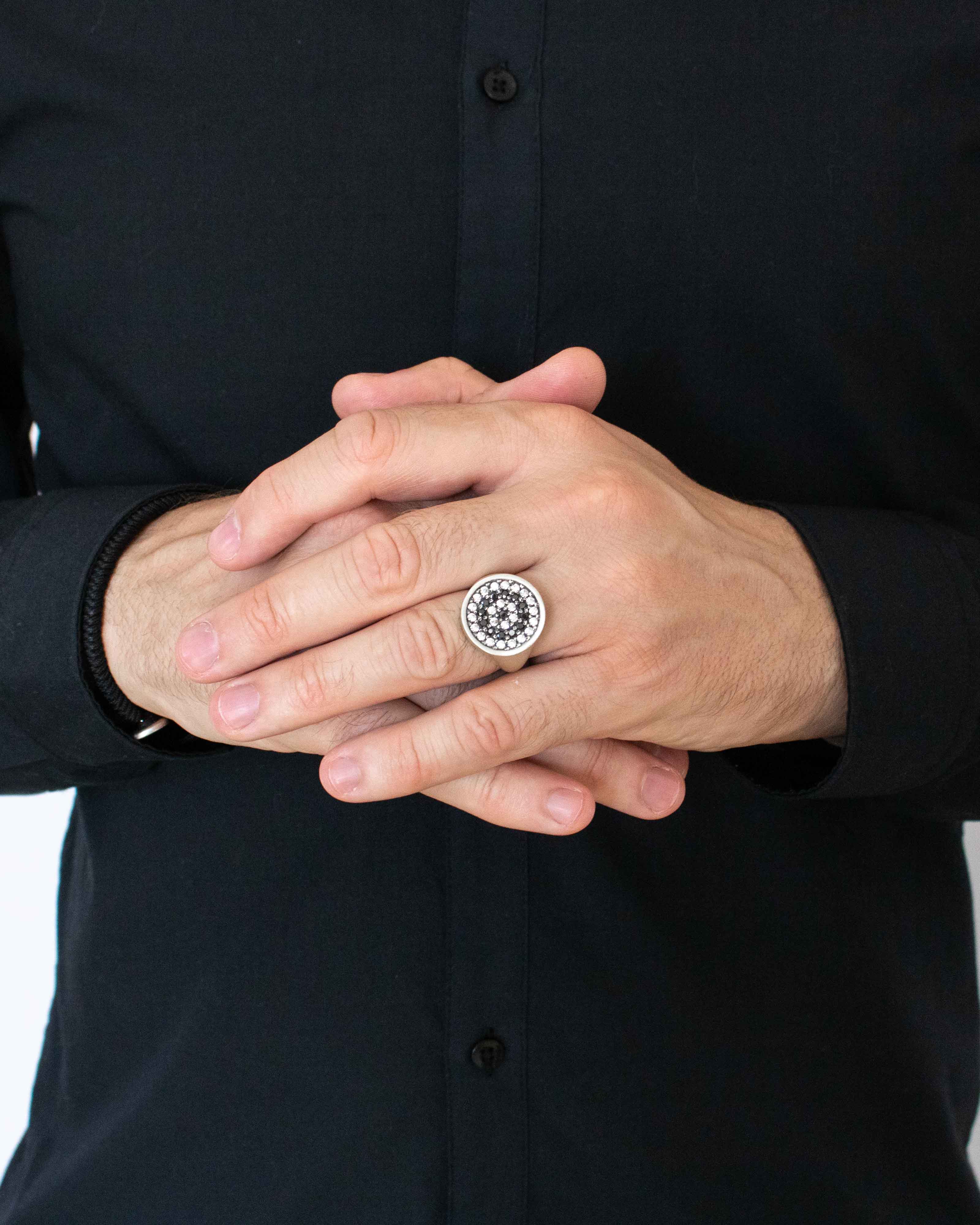 Black and White Round Signet Ring for Men Multi Stone