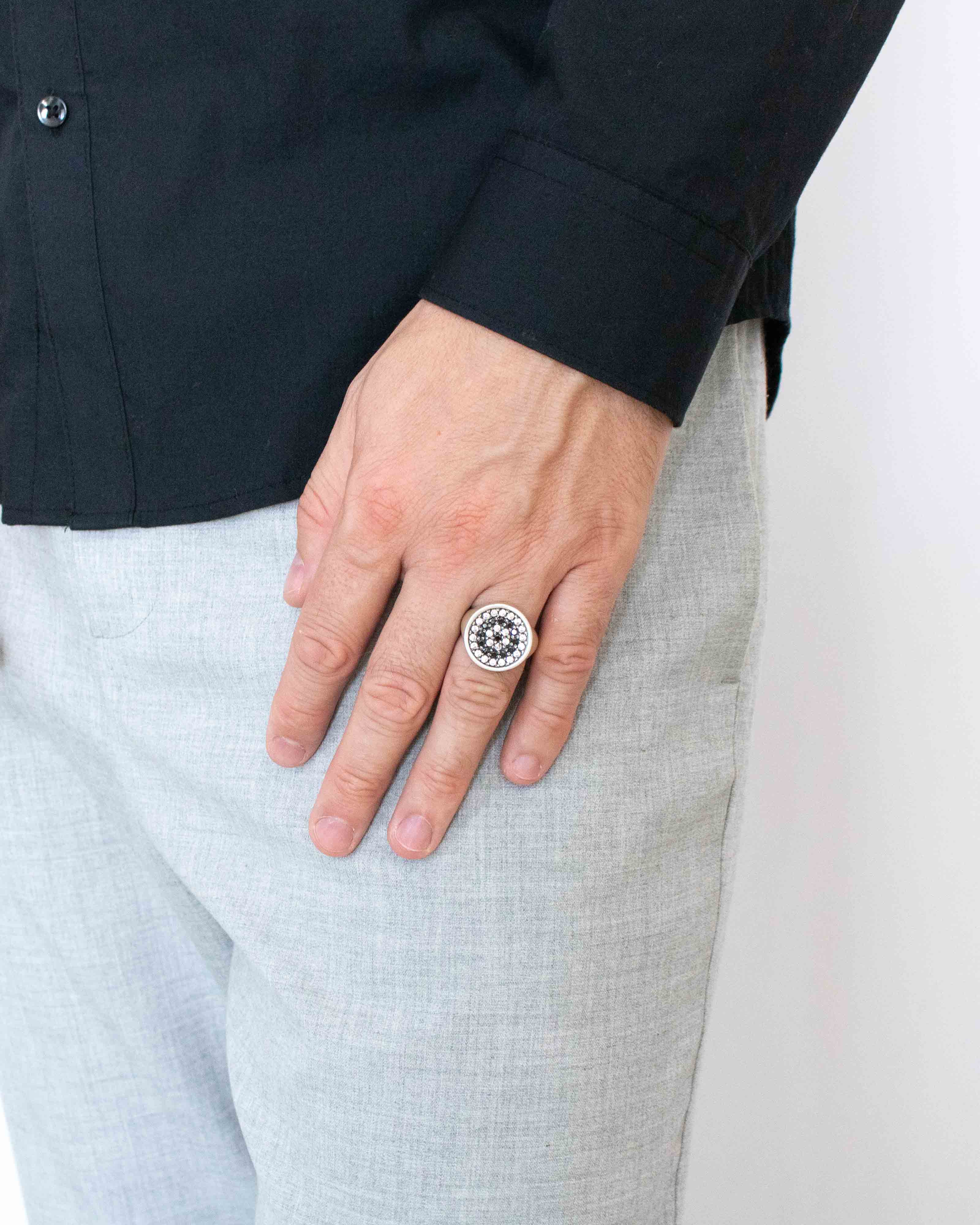 Black and White Round Signet Ring for Men Multi Stone