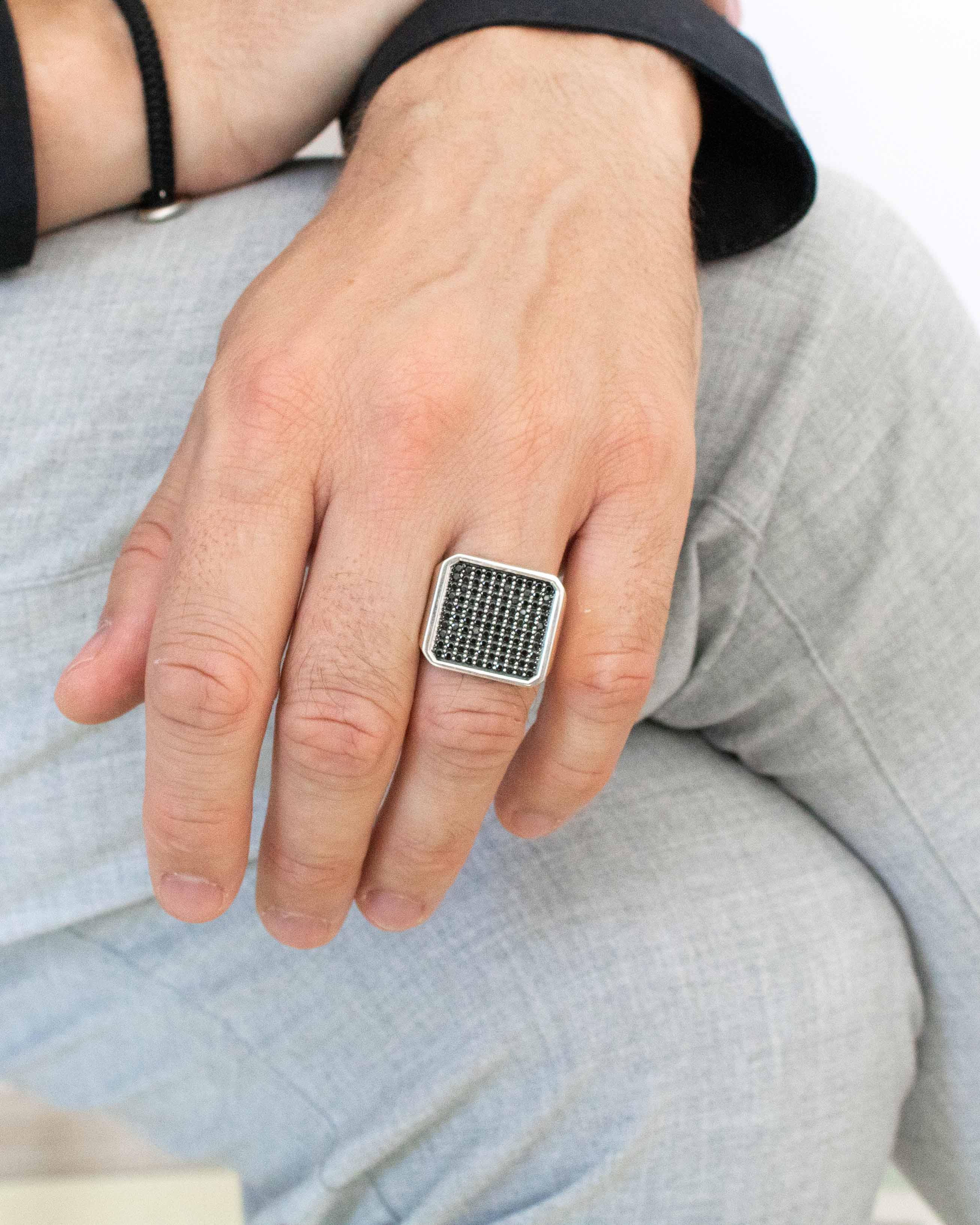 Large Square Signet Ring Black Stones for Gentleman