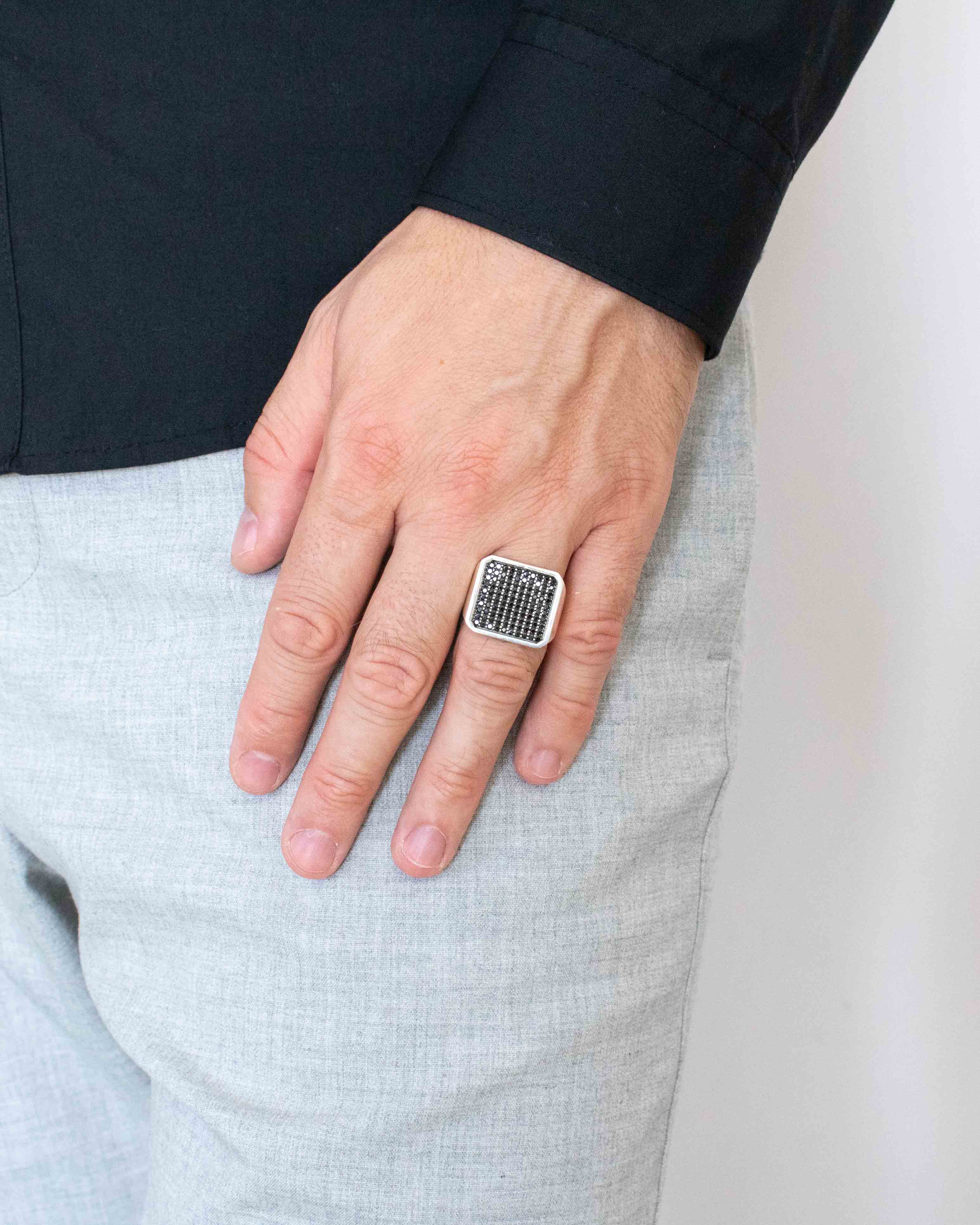 Large Square Signet Ring Black Stones for Gentleman
