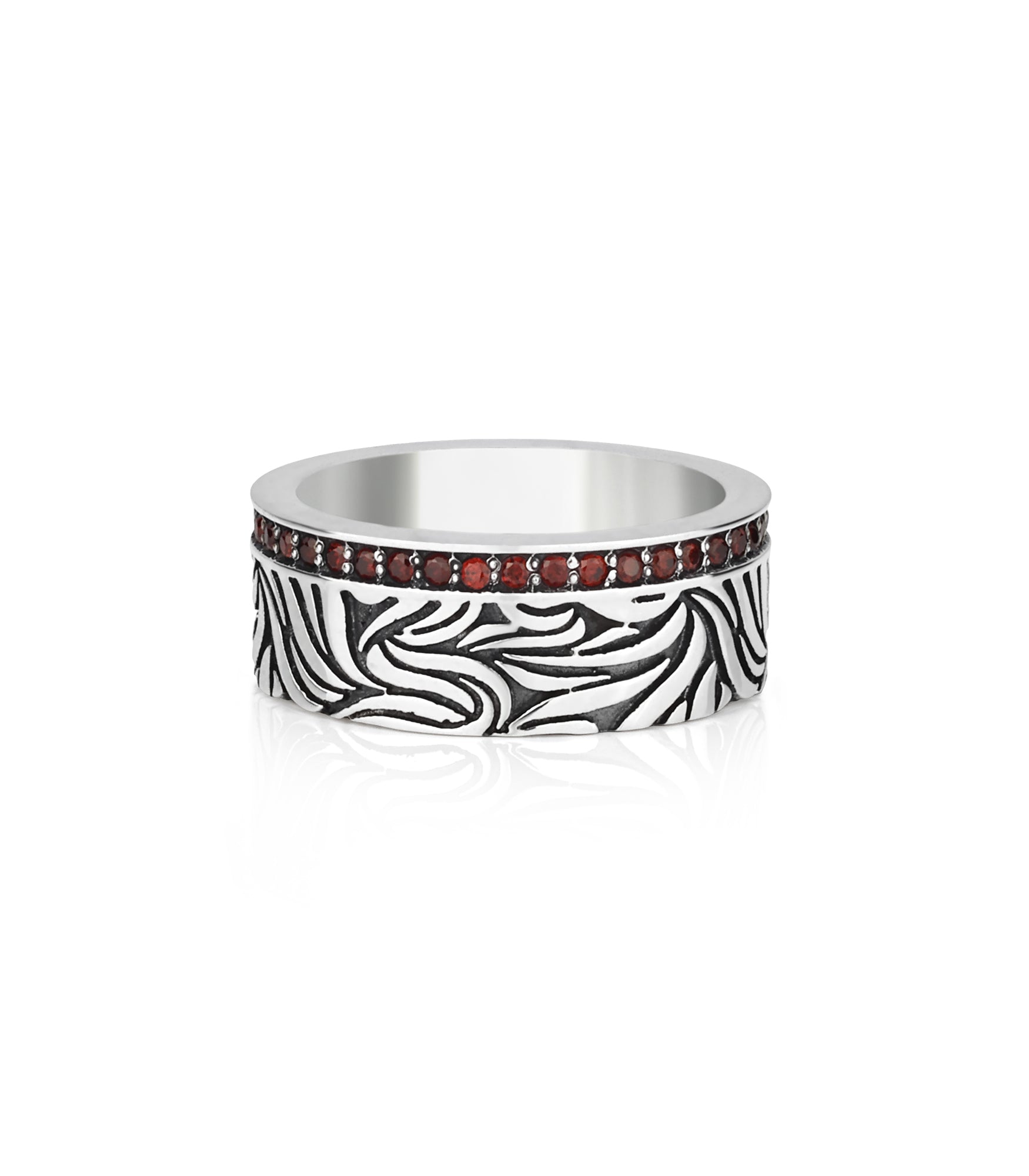 Wide Vintage Silver Vine Wedding Band with Garnets CZ