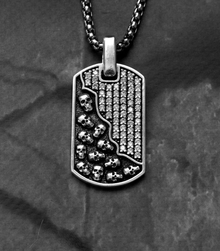 Gothic Silver Skulls Necklace with White Crystals CZ
