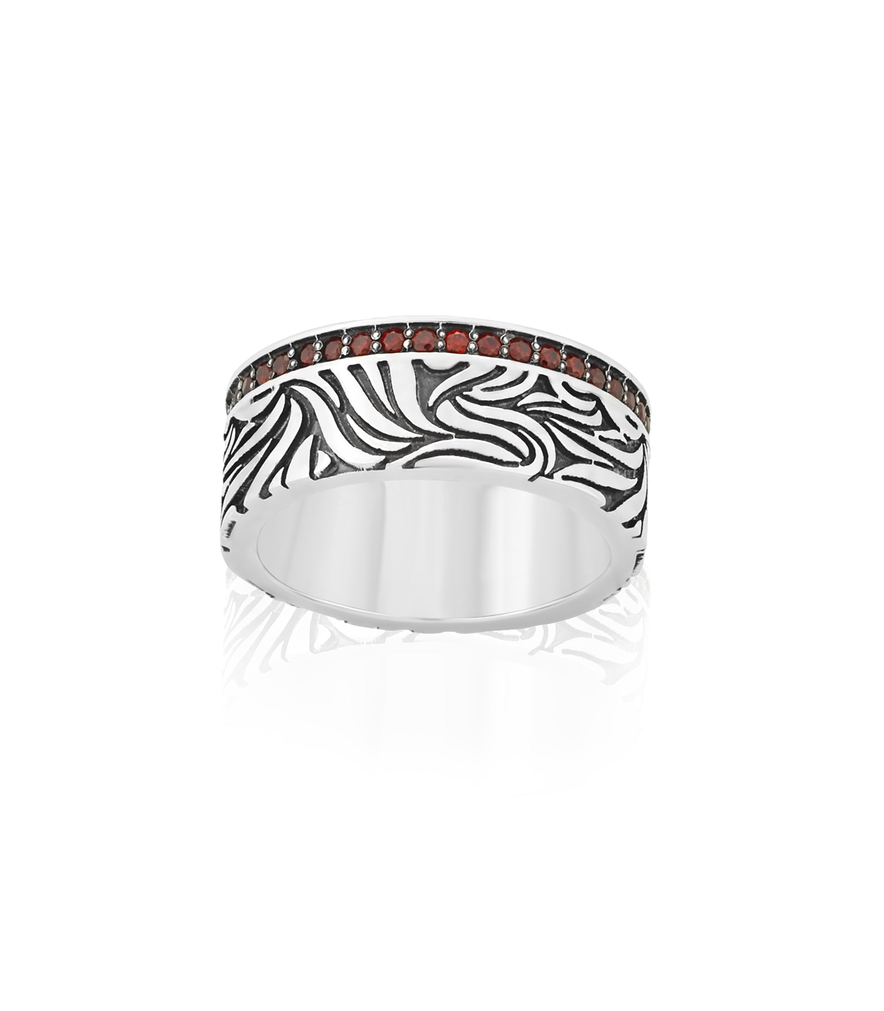 Wide Vintage Silver Vine Wedding Band with Garnets CZ