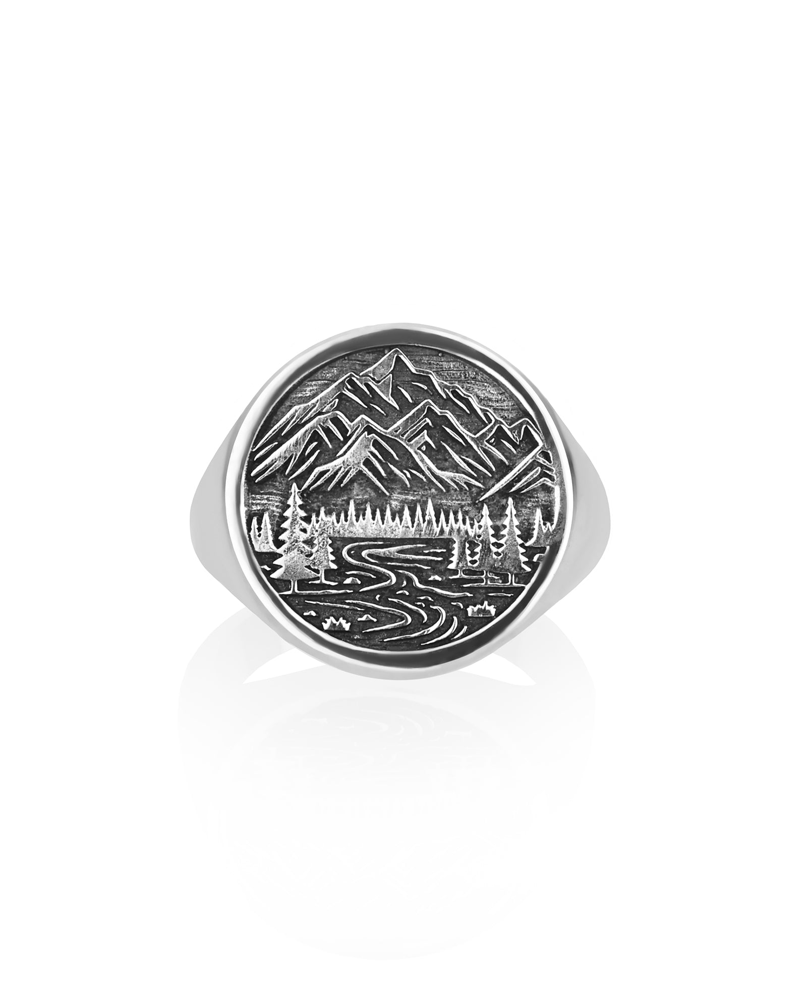 Mountain Signet Ring Round Shape Silver Signet 925