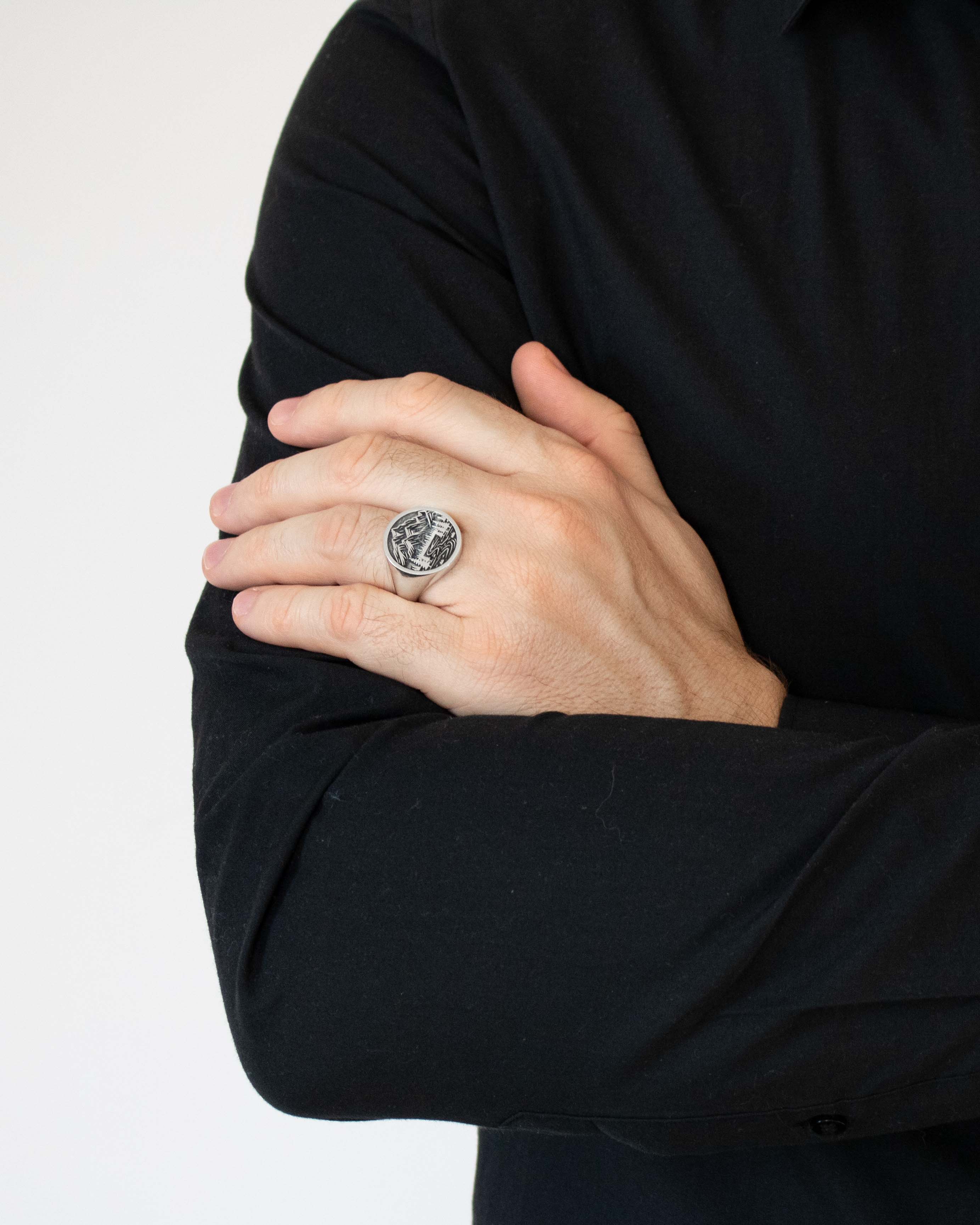 Mountain Signet Ring Round Shape Silver Signet 925