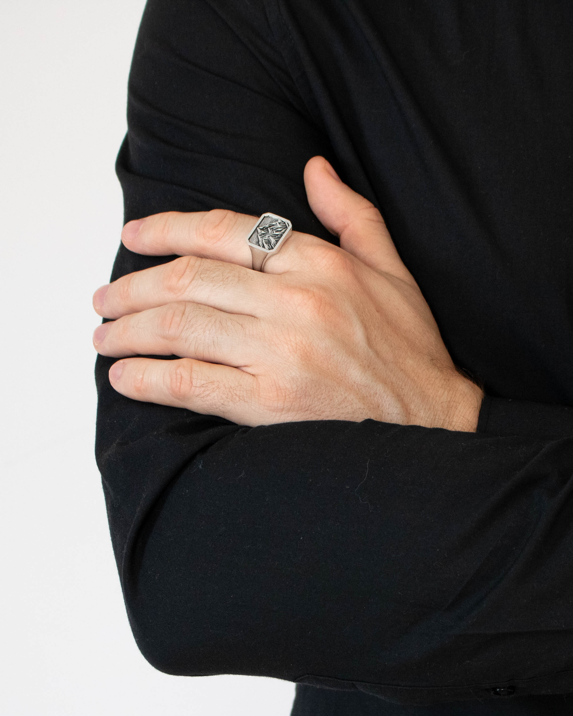 Mountain Range Signet Ring Octagon Shape Silver