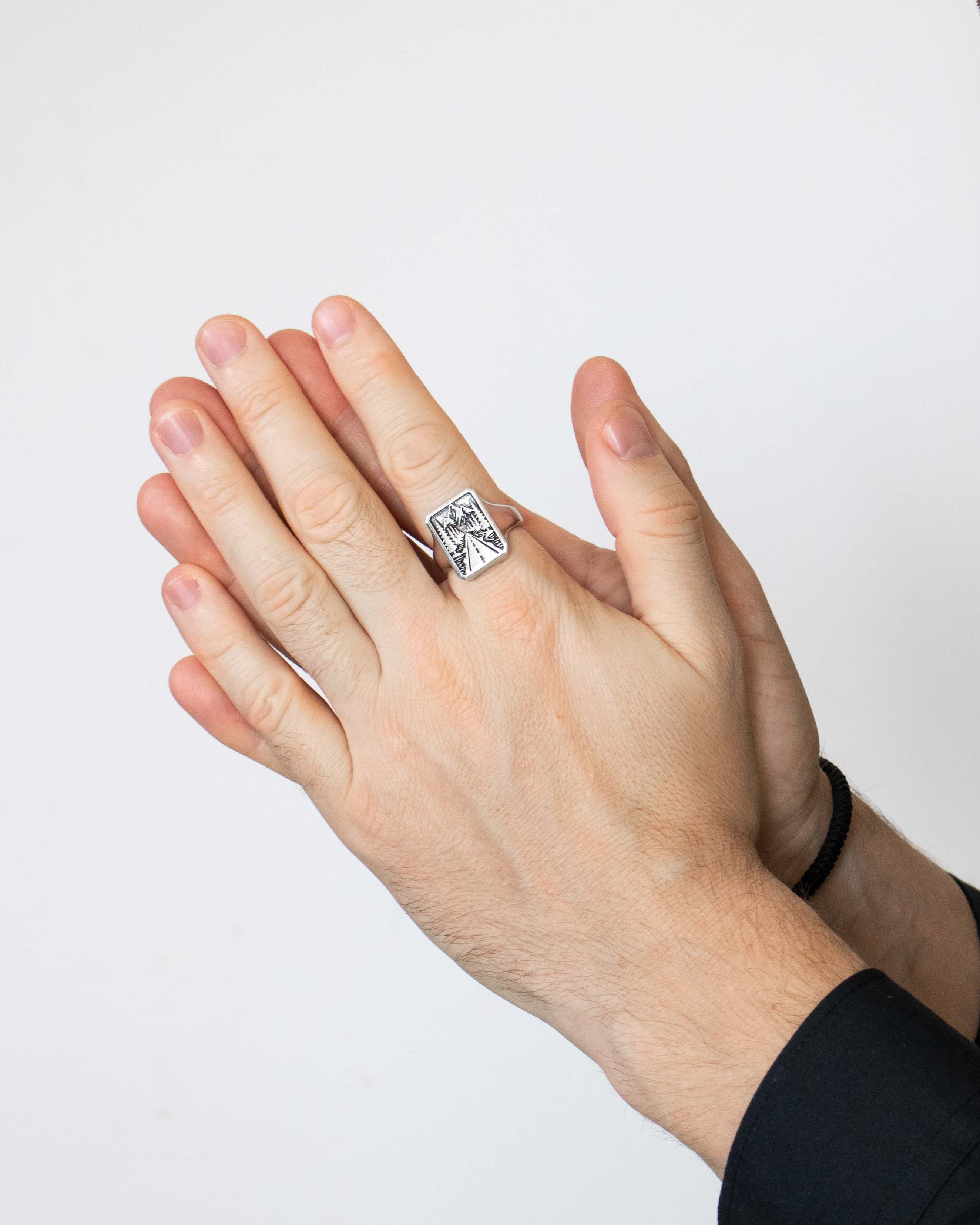 Silver Signet Ring Mountain Road & Forest Northern Style