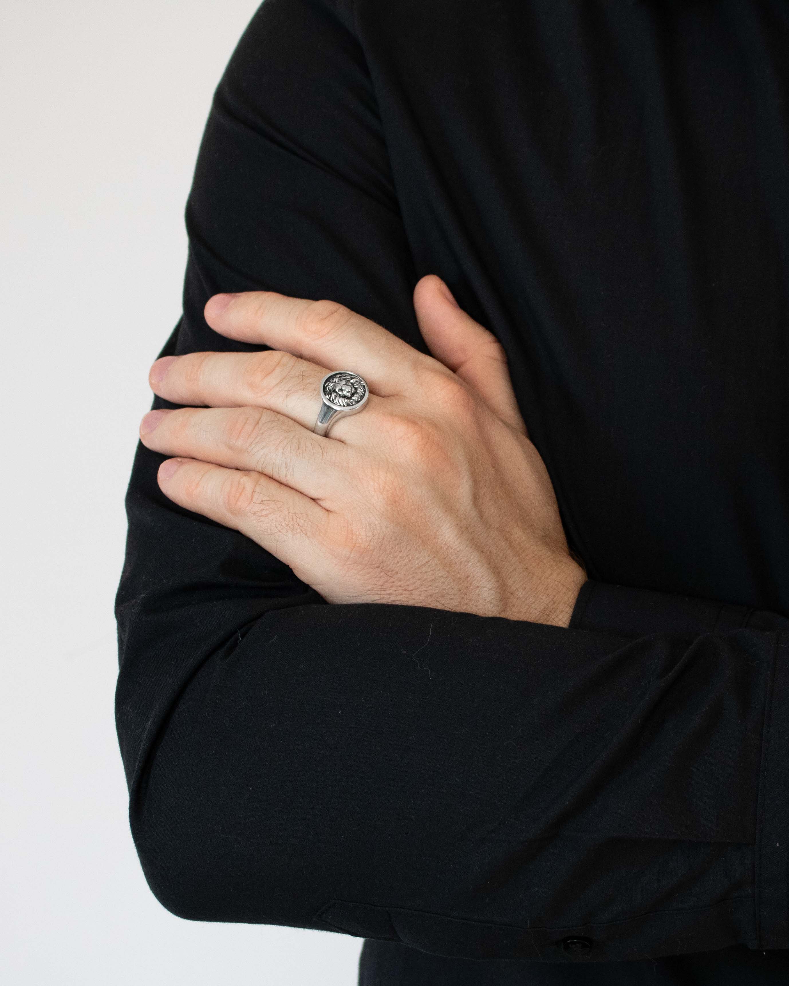 Men's Lion Ring Unique Round Signet Sterling Silver