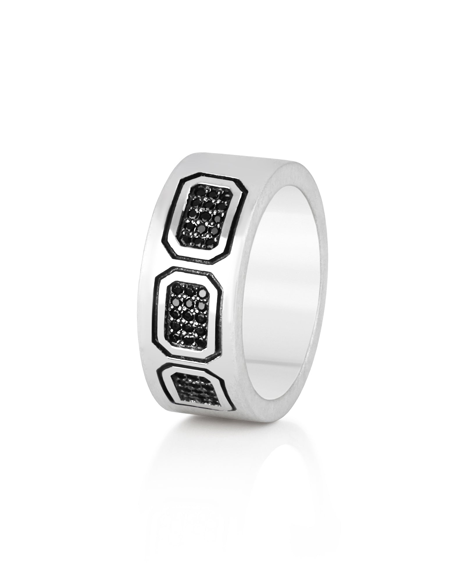 Geometric Silver Engagement Ring for Men Black Stones