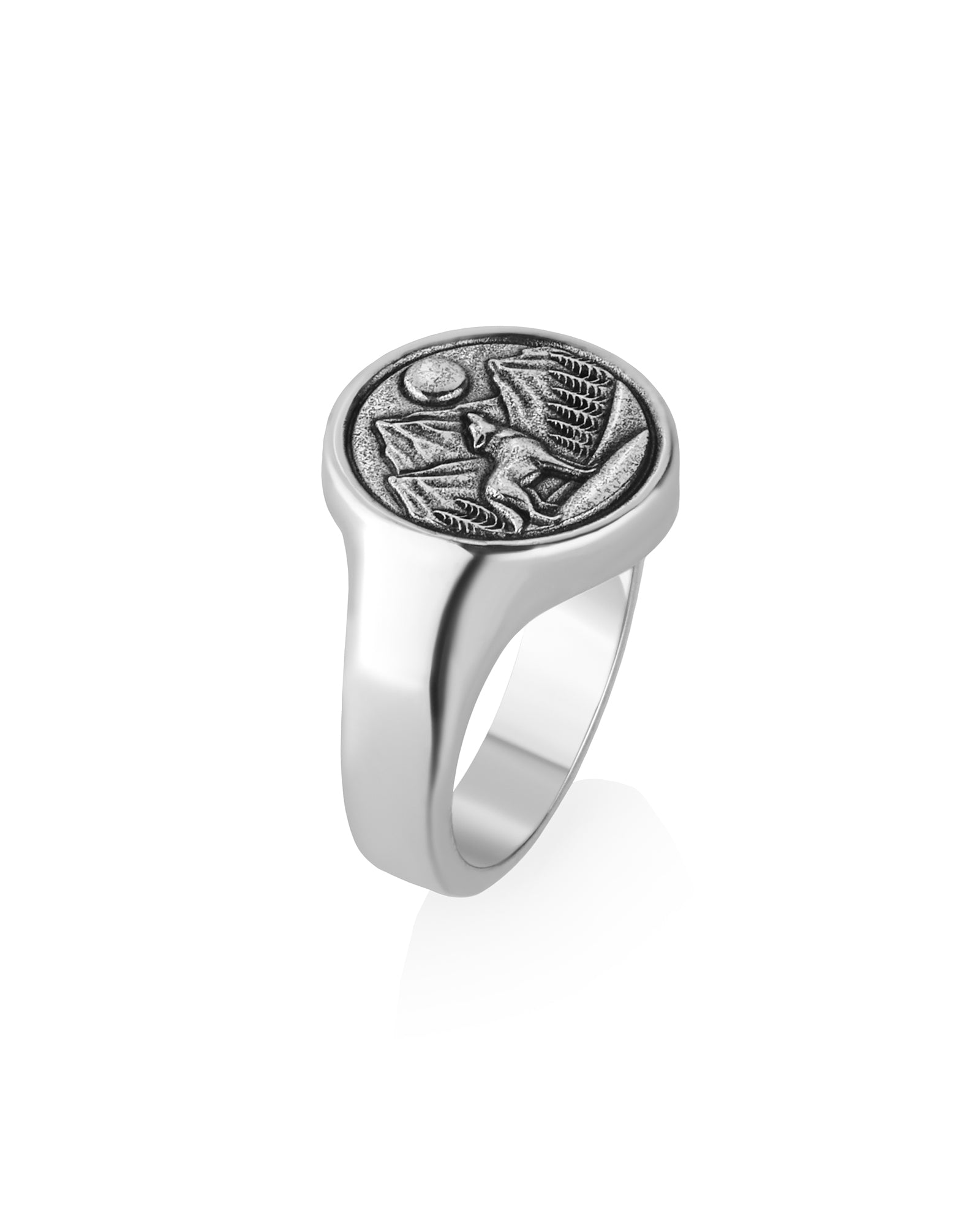 Howling Wolf and Moon Ring Men's Round Signet Silver