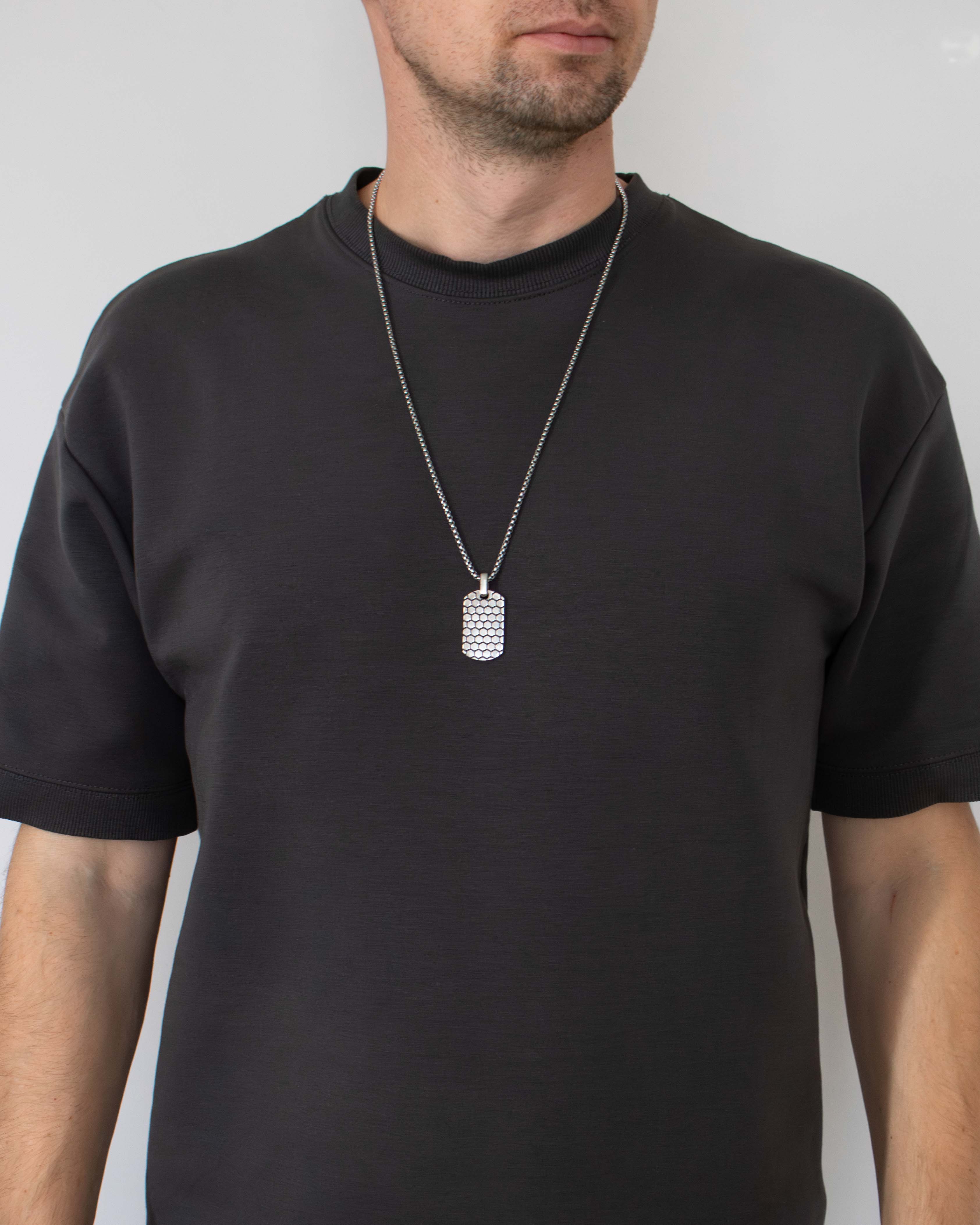 Mens Honeycomb Dog Tag Pendant Silver Minimalist Design
