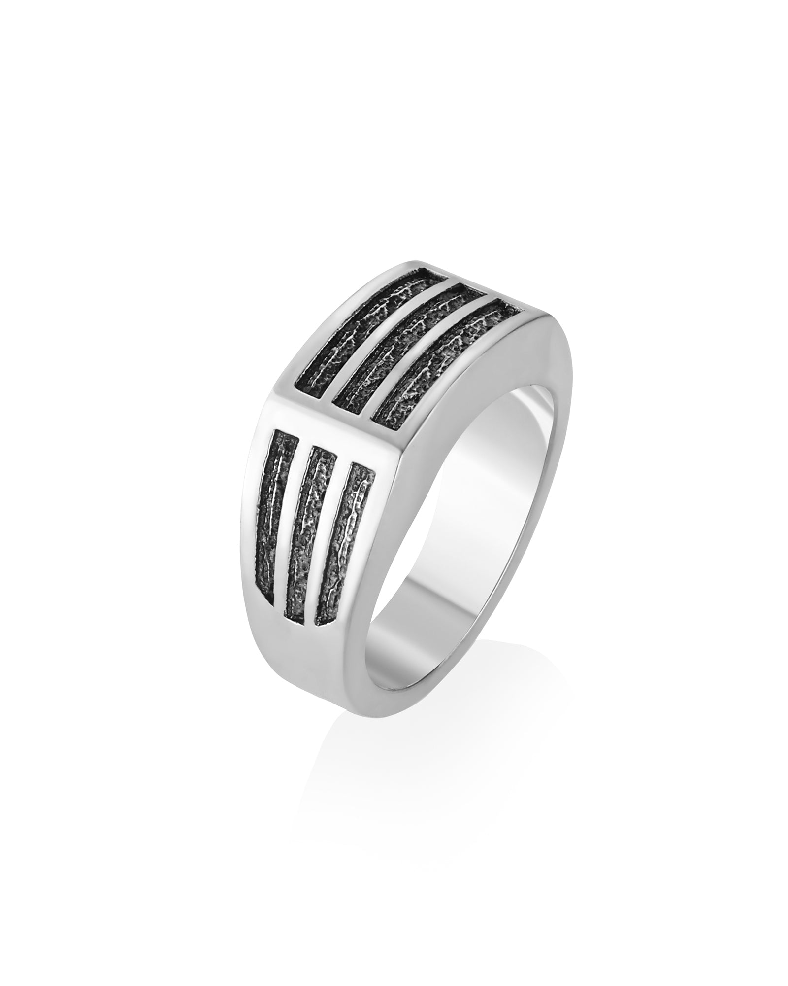 Brutal Structured Signet Ring Silver with Hammered Inset