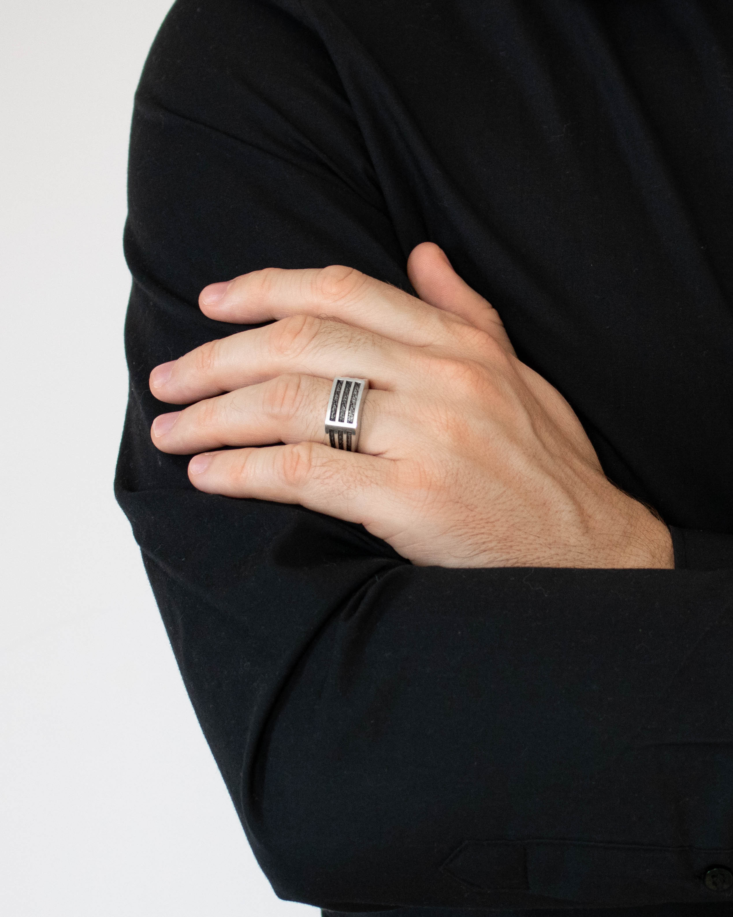 Brutal Structured Signet Ring Silver with Hammered Inset