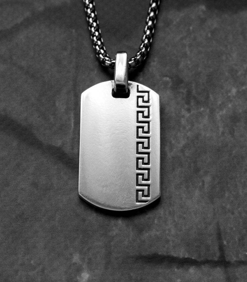 Greek Symbol Silver Dog Tag Pendant Necklace for Him