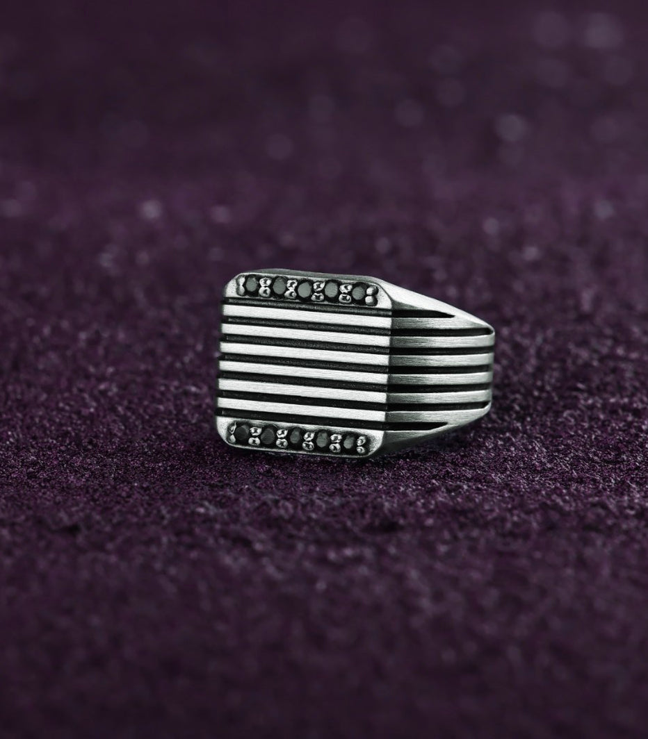 Bold Silver Signet Ring Black Diamond Gift for Him