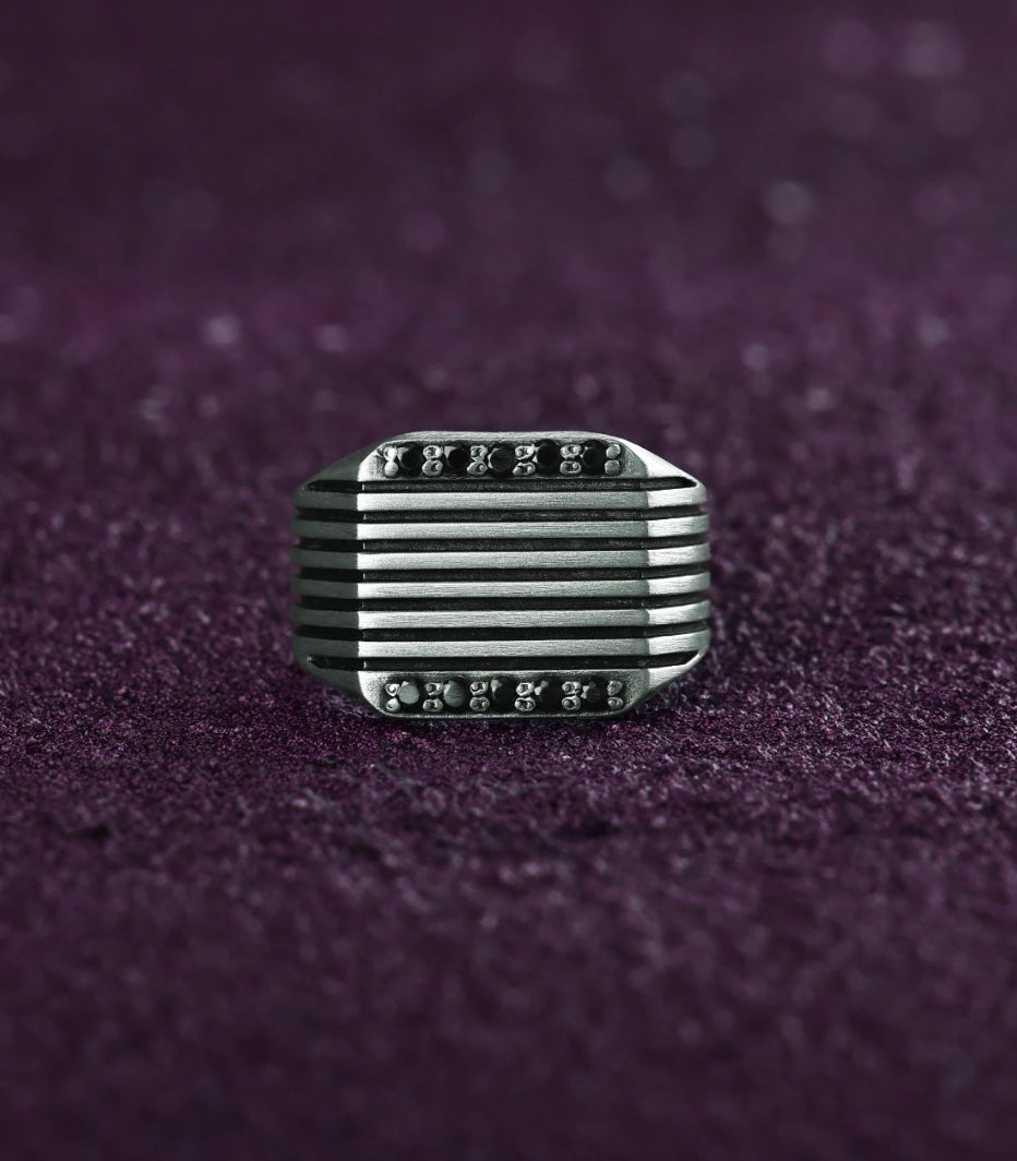 Bold Silver Signet Ring Black Diamond Gift for Him